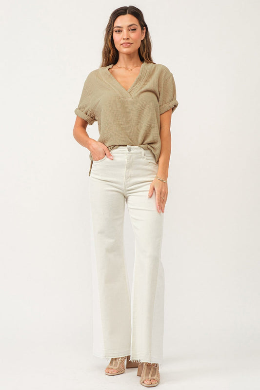 Fiona High Rise Wide Leg Jeans - Wheat & White
