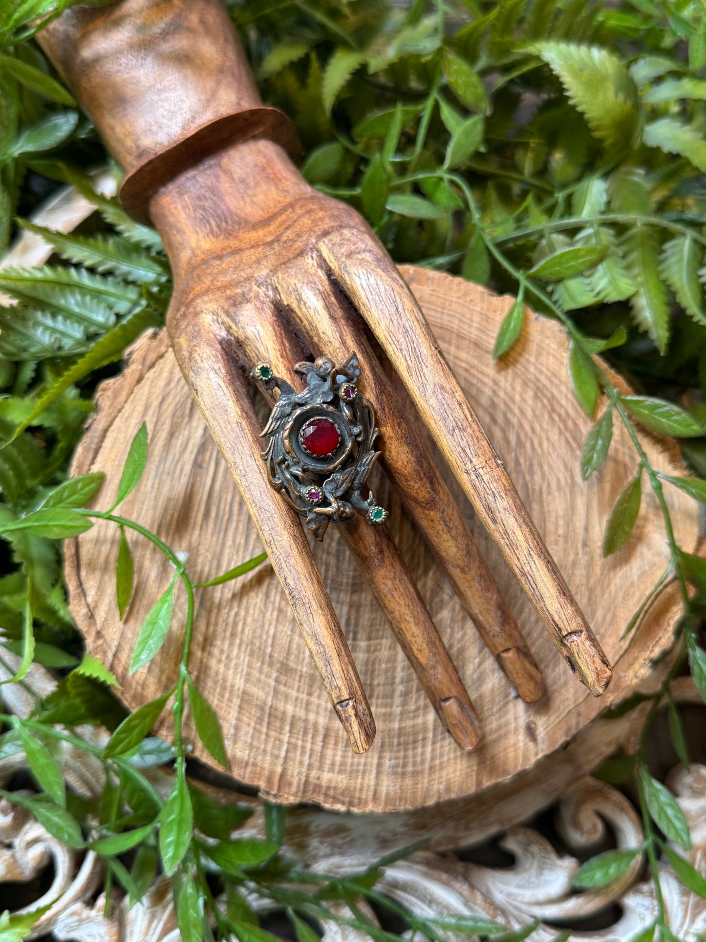 Peacock & Cherub Ruby / Emerald Ring