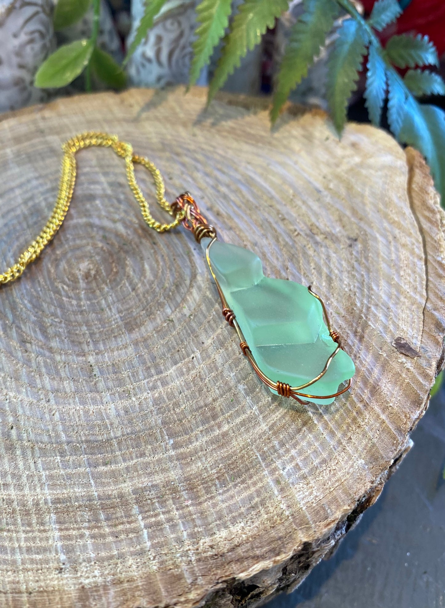 Bronze/Copper Wrapped Uranium Glass Necklace #IV117