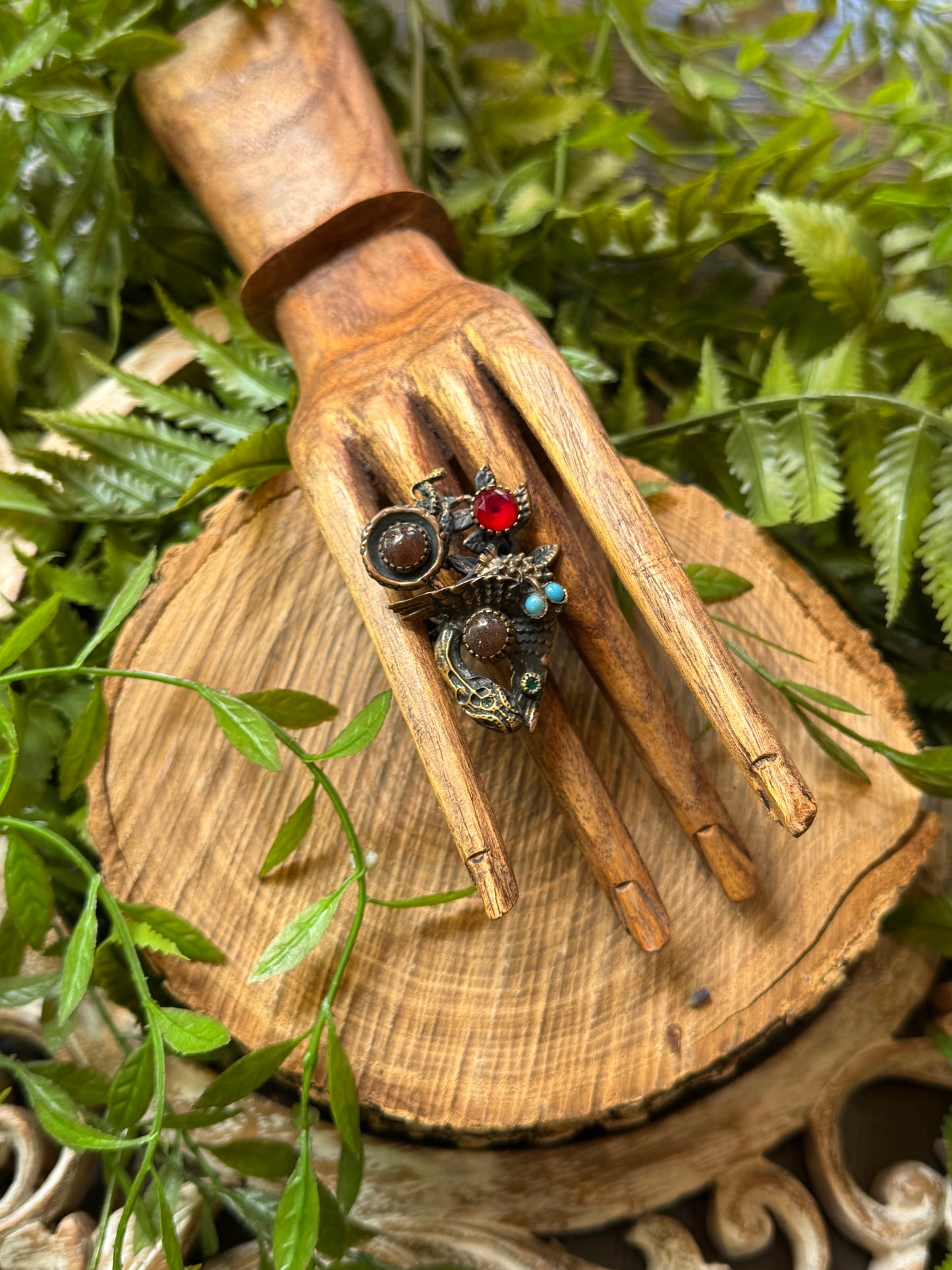 Winged Snake with Ruby, Turq, Emerald & Mocha Stone Ring