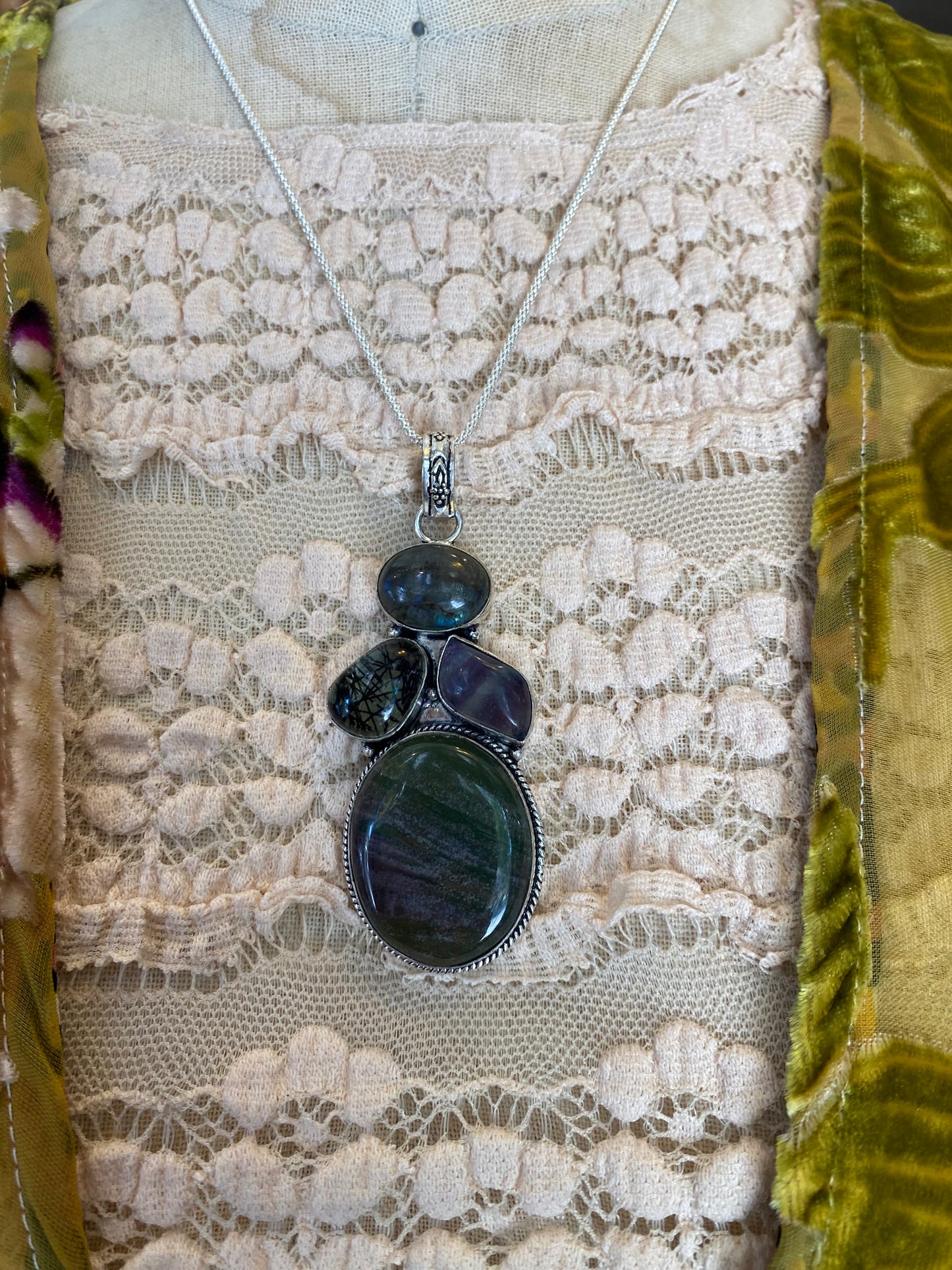 Labradorite Fluorite Black Rutilated Quartz Agate Pendant