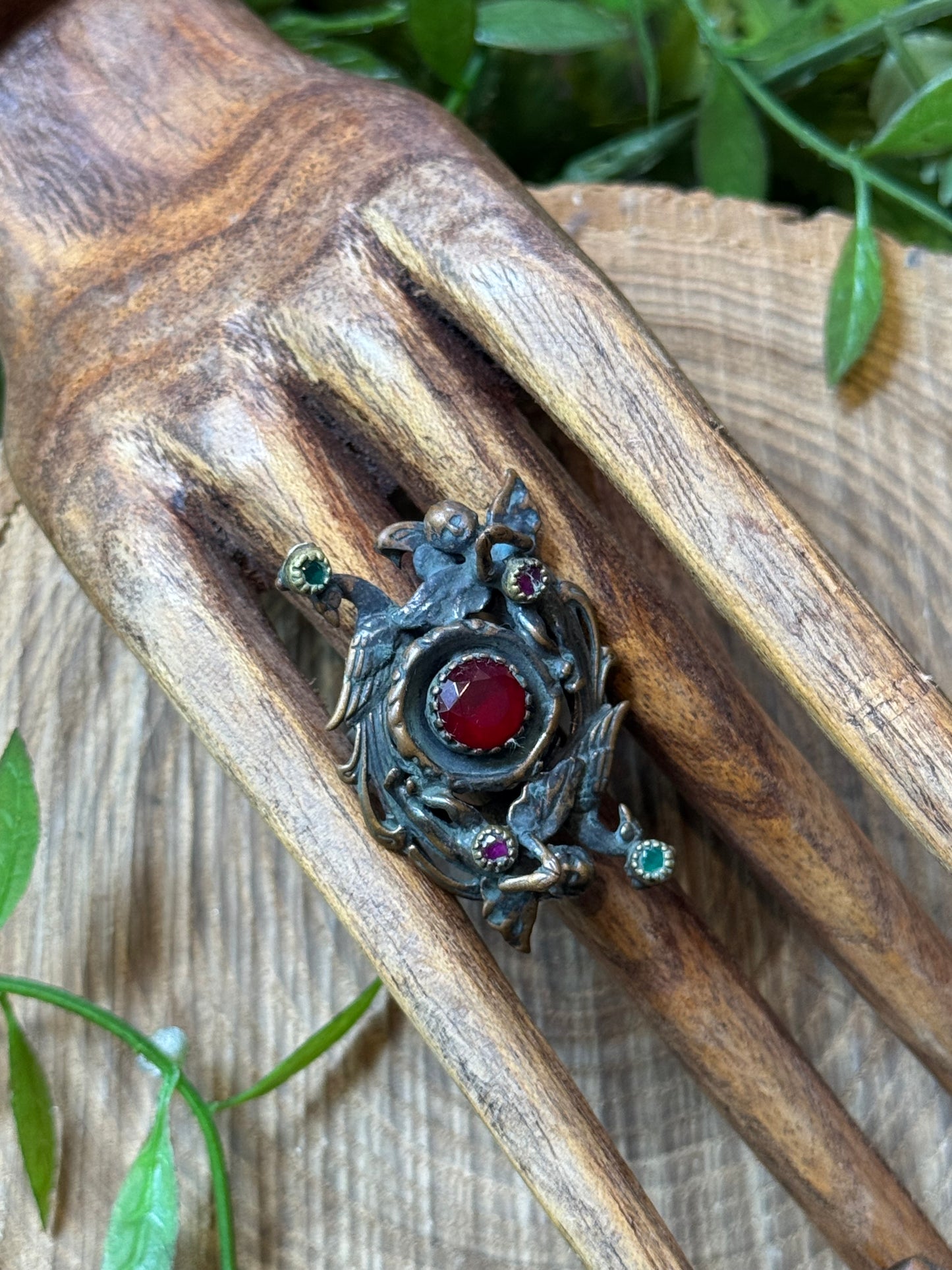Peacock & Cherub Ruby / Emerald Ring