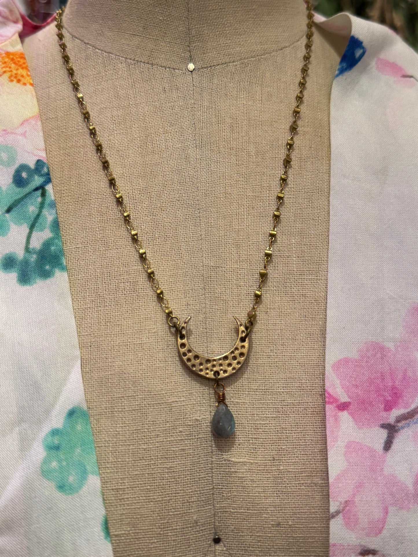 Moon Necklace with Labradorite Drop Bead