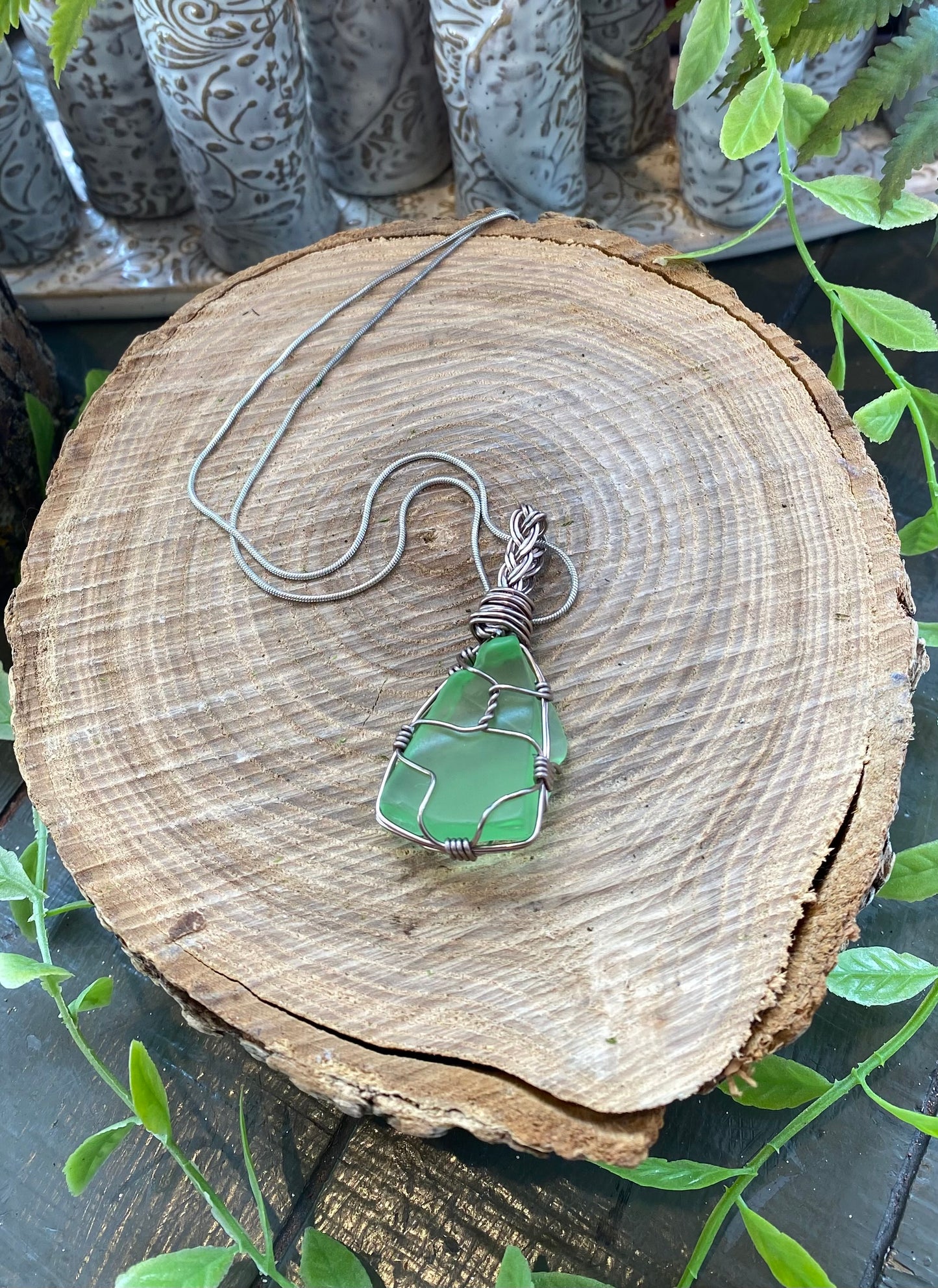 Silver Wrapped Uranium Glass Necklace #IV114