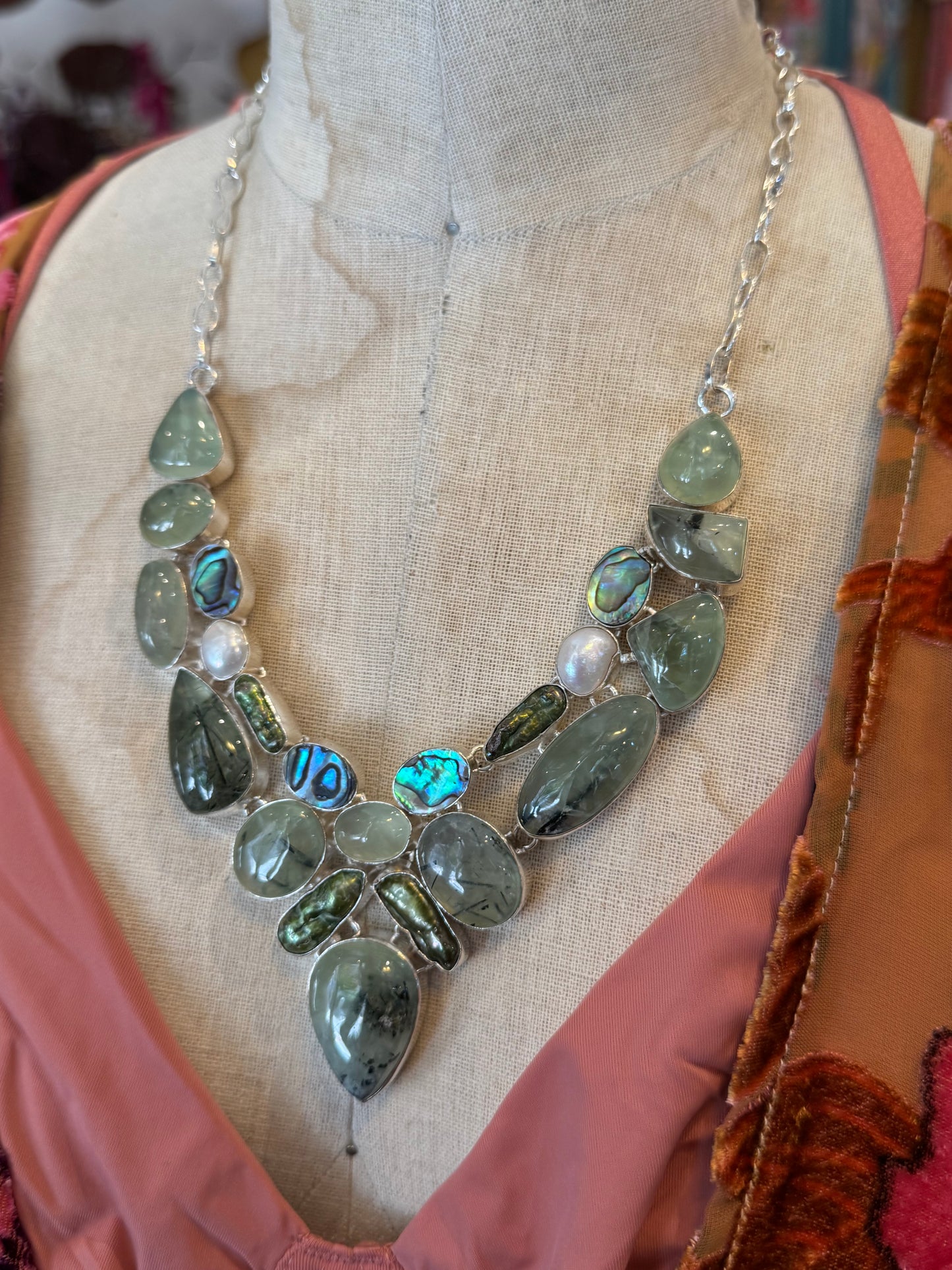 Prehnite, Abalone &Green Pearl Cluster Necklace