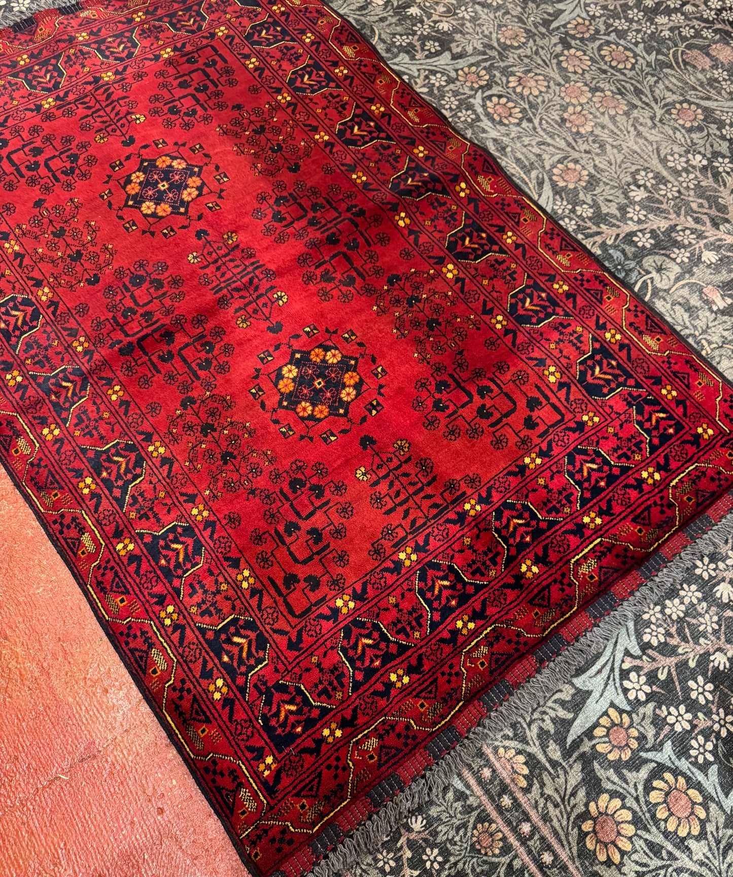 Handmade Wool Area Rug - Red & Yellow Floral Print