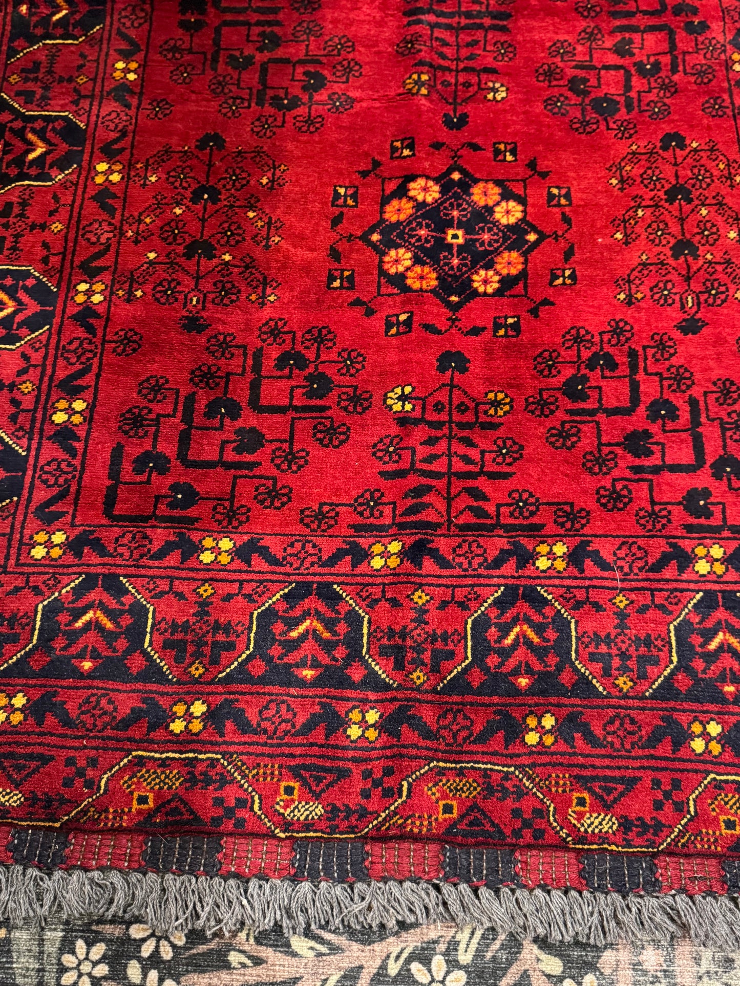 Handmade Wool Area Rug - Red & Yellow Floral Print