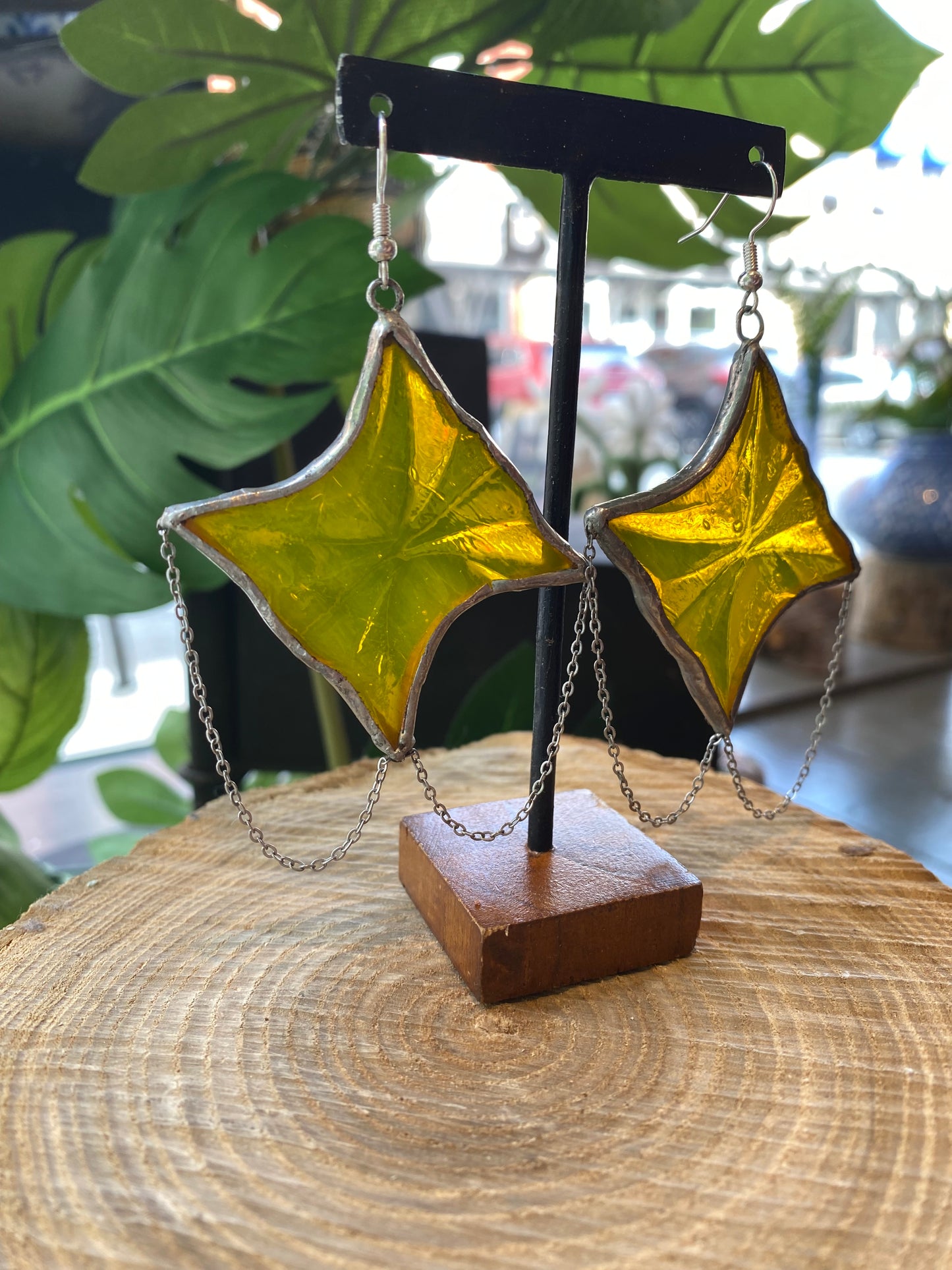 Yellow Starburst Glass Earrings with Chains - KC05*