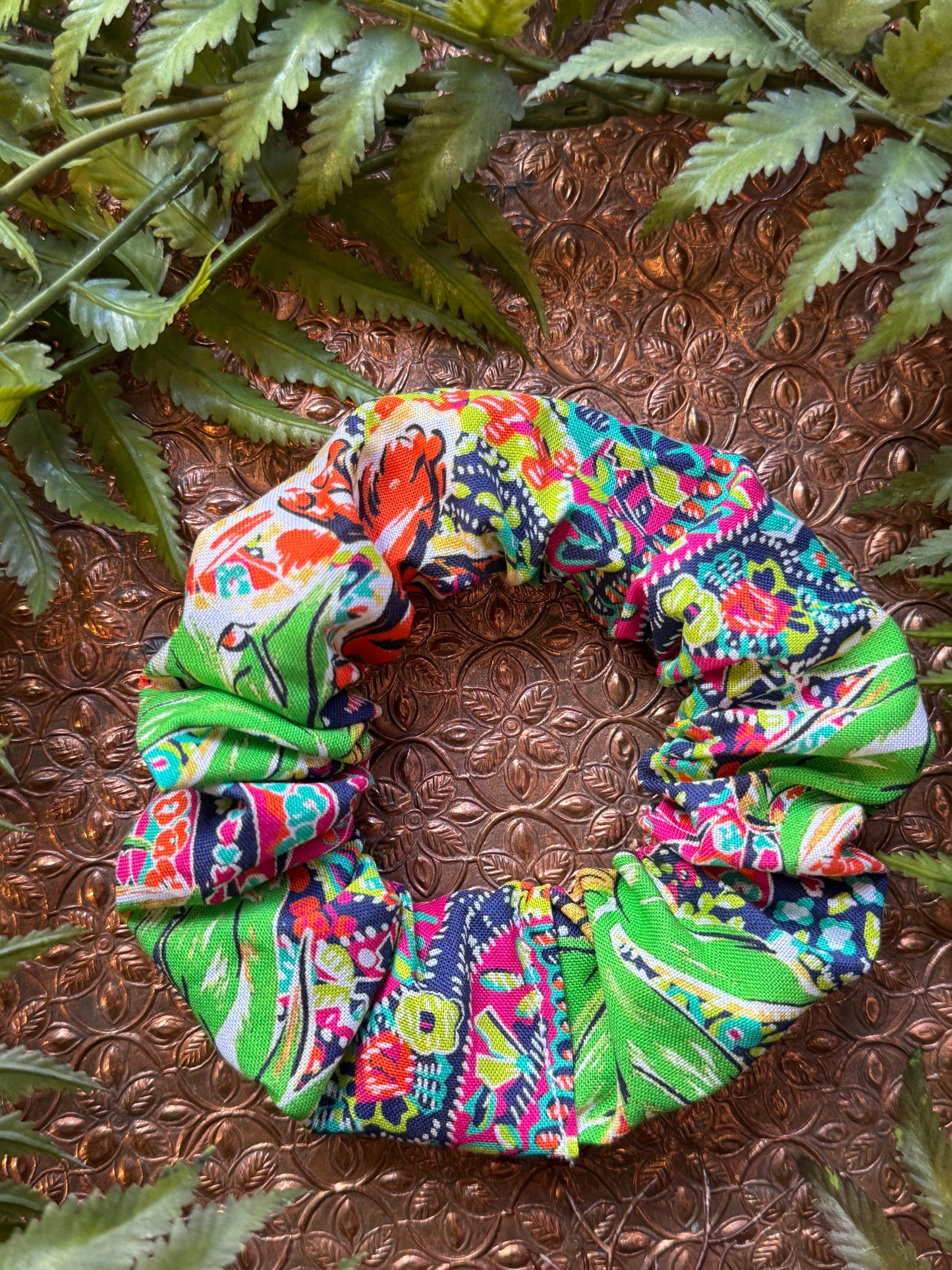 Tiger / Lime Green Leaves Scrunchie #SS17 (2)*