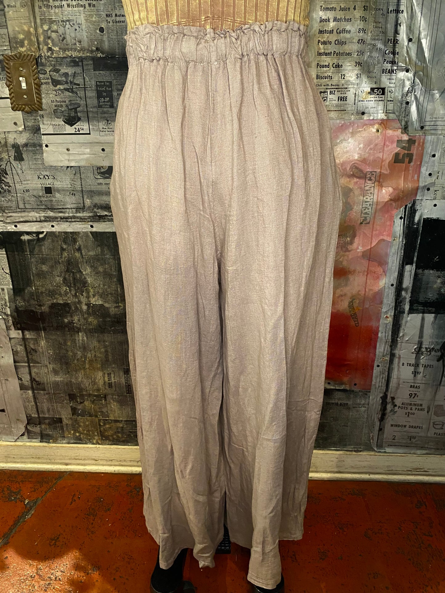 Linen, Elastic Waist Palazzo Pants - Taupe
