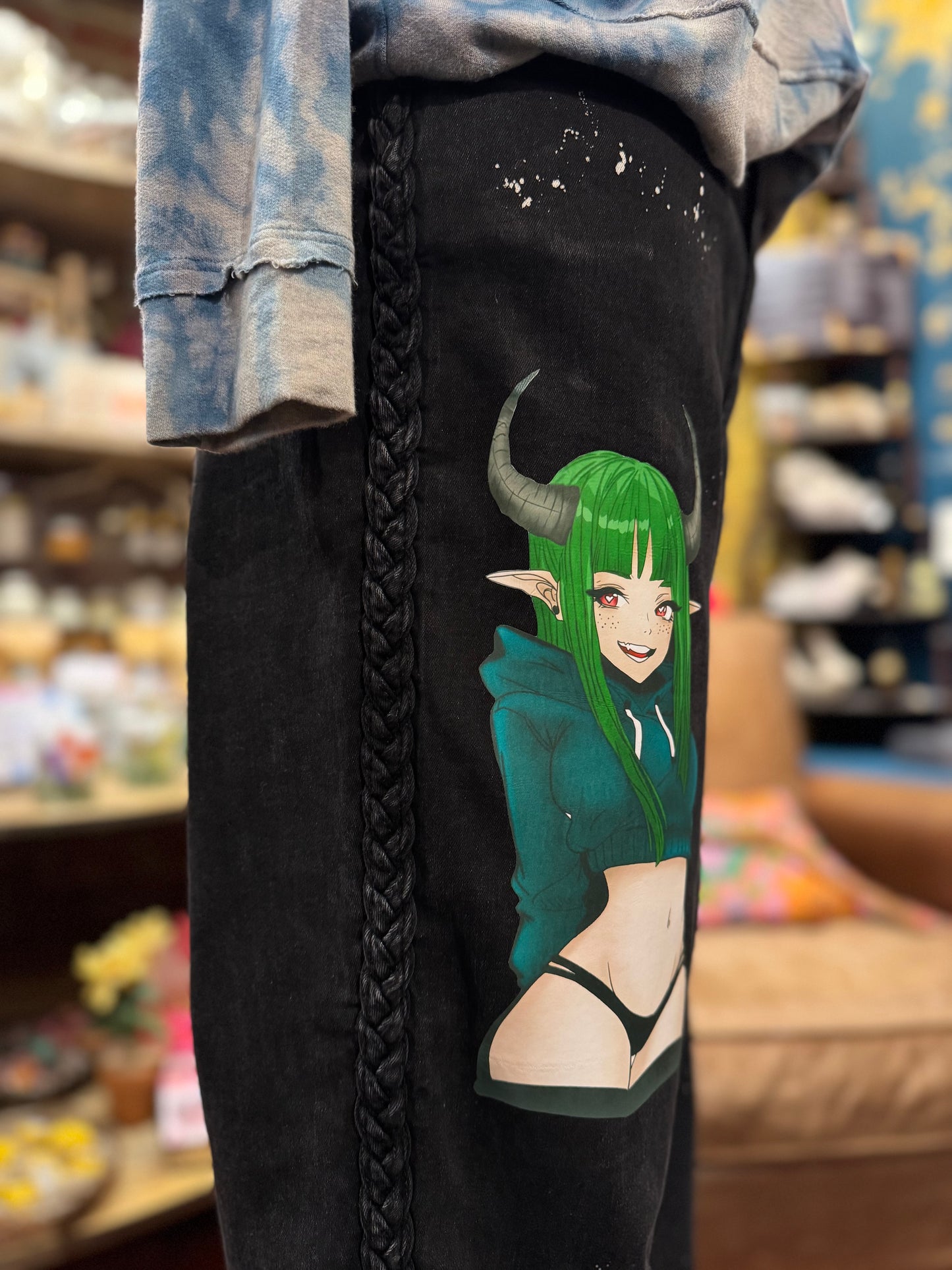 Anime with Stars Braided Black Jeans -Laura Bruce*
