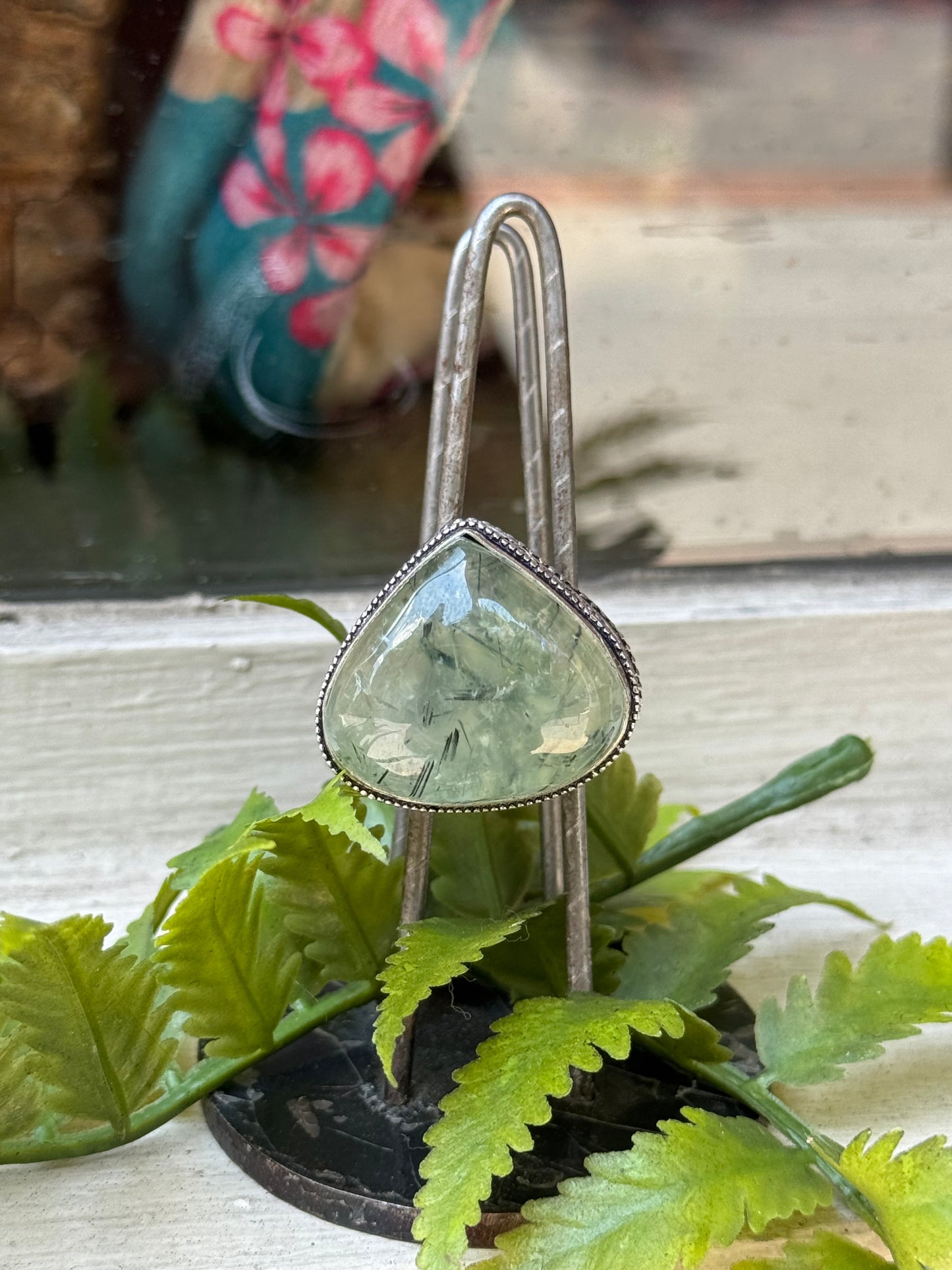 Prehnite Rounded Teardrop Silver Ring