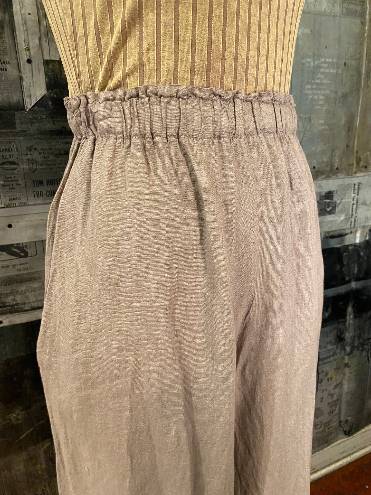 Linen, Elastic Waist Palazzo Pants - Taupe