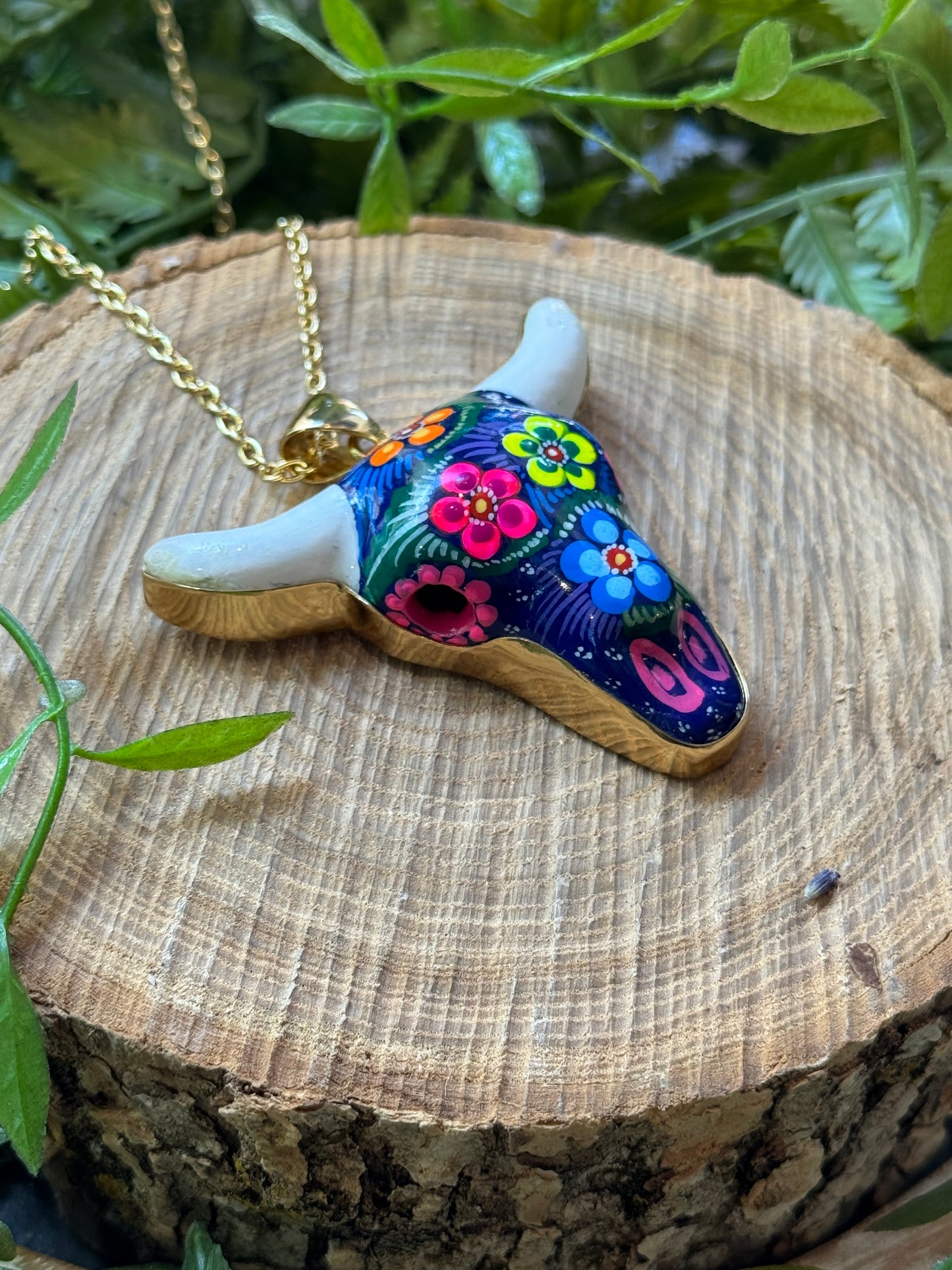 Hand Painted Ceramic Cow Skull Necklace