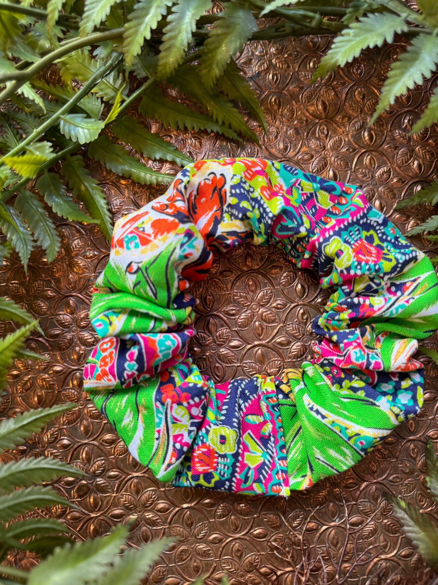Tiger / Lime Green Leaves Scrunchie #SS17 (2)*