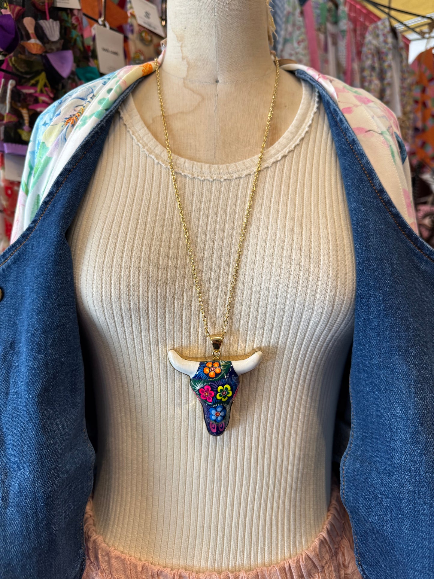 Hand Painted Ceramic Cow Skull Necklace