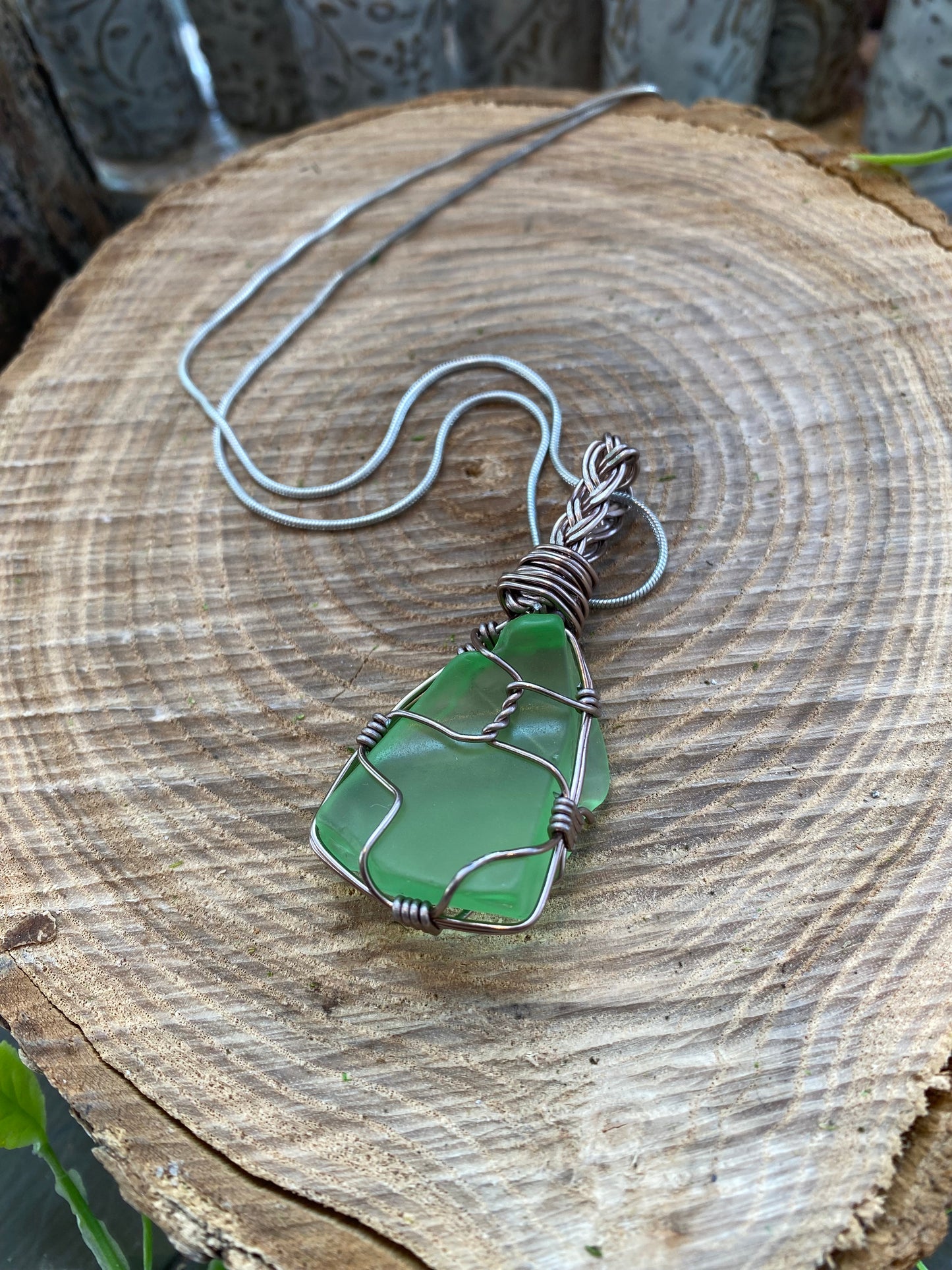 Silver Wrapped Uranium Glass Necklace #IV114
