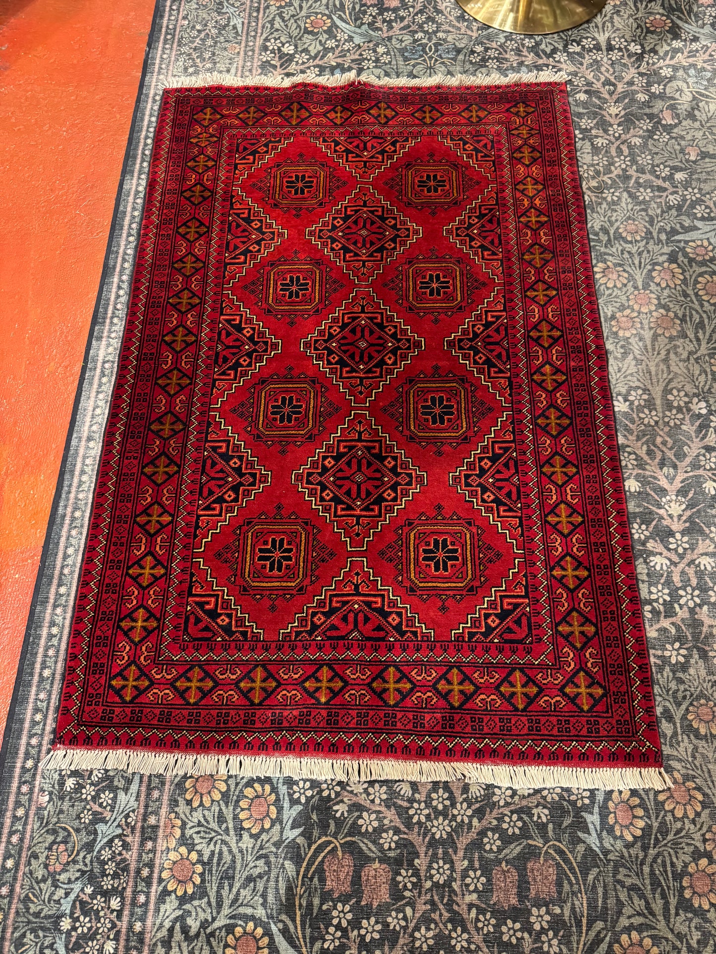 Handmade Wool Area Rug - Red Geometric Print