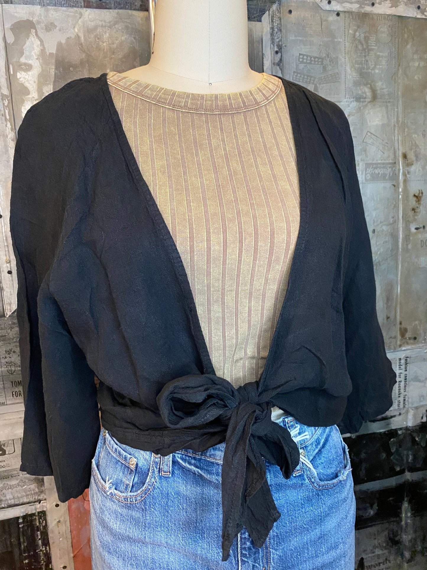 Linen, 3/4 Sleeve Wrap, Front Tie Top - Black
