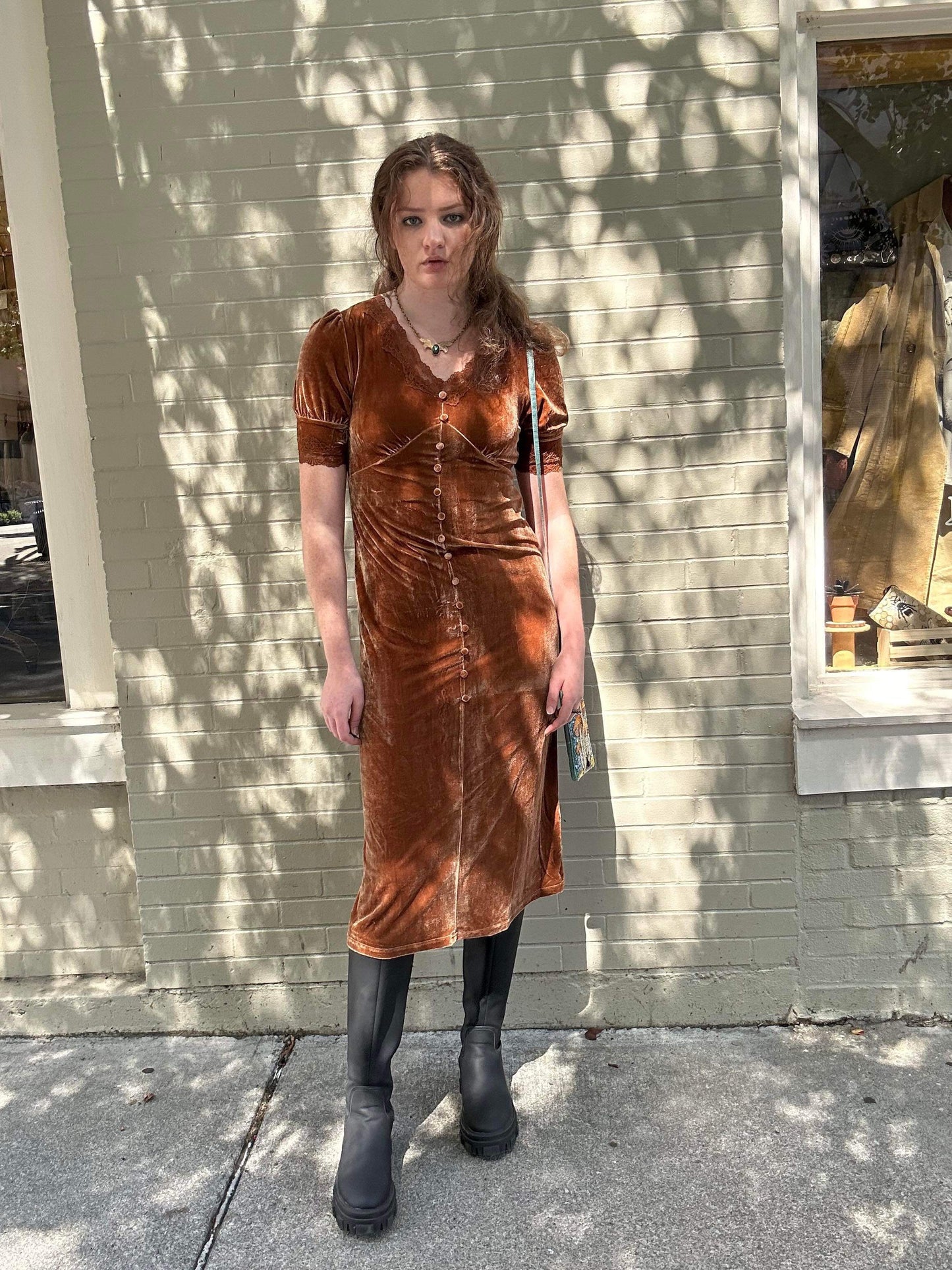 Stretch Velvet Empire Waist Dress - Sandalwood - La De Da