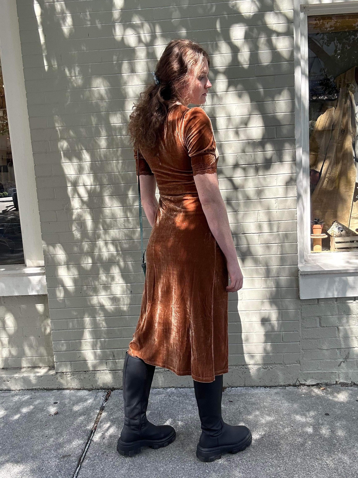 Stretch Velvet Empire Waist Dress - Sandalwood - La De Da