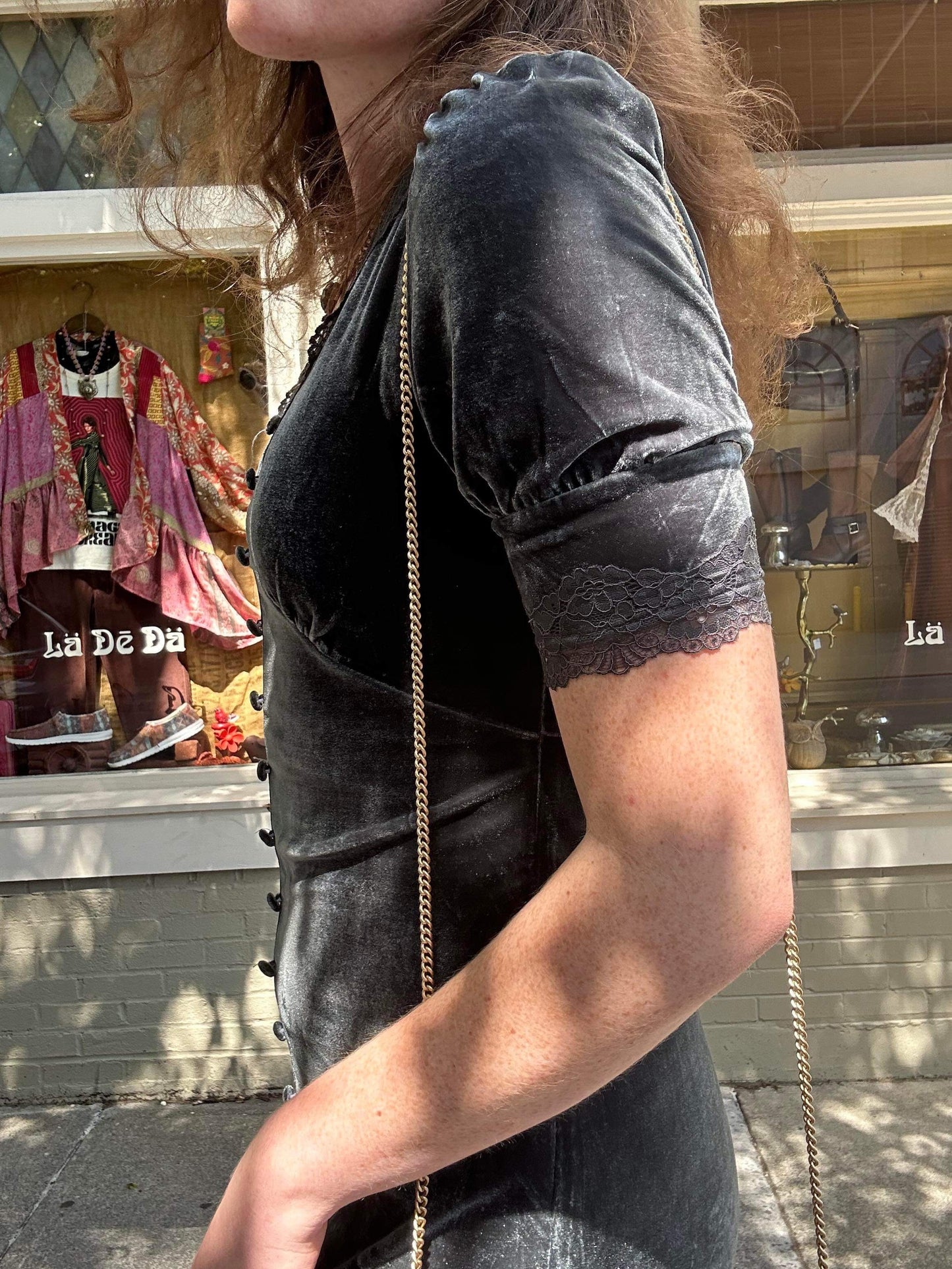 Stretch Velvet Empire Waist Dress - Dusty Blue - La De Da