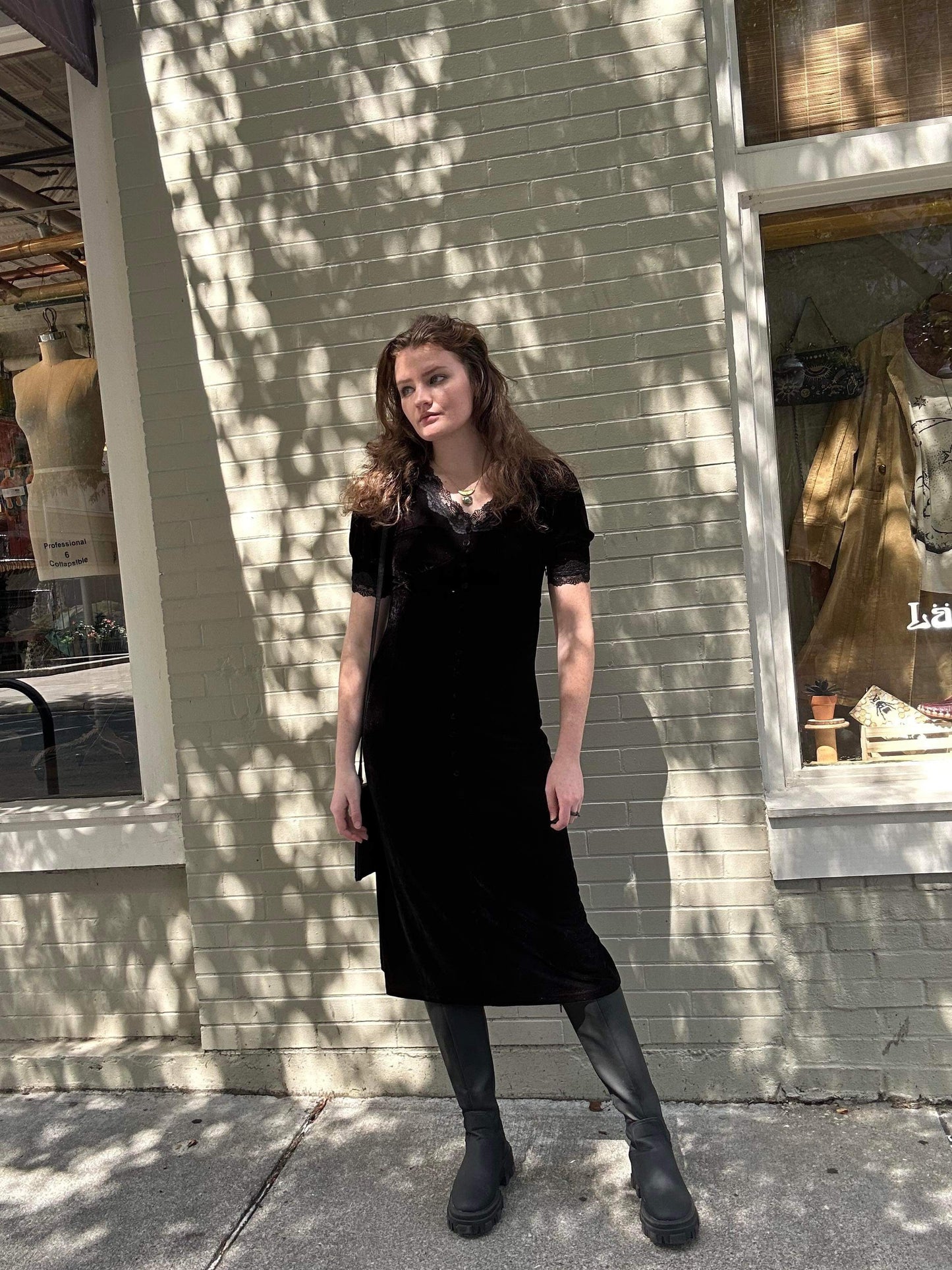 Stretch Velvet Empire Waist Dress - Black - La De Da