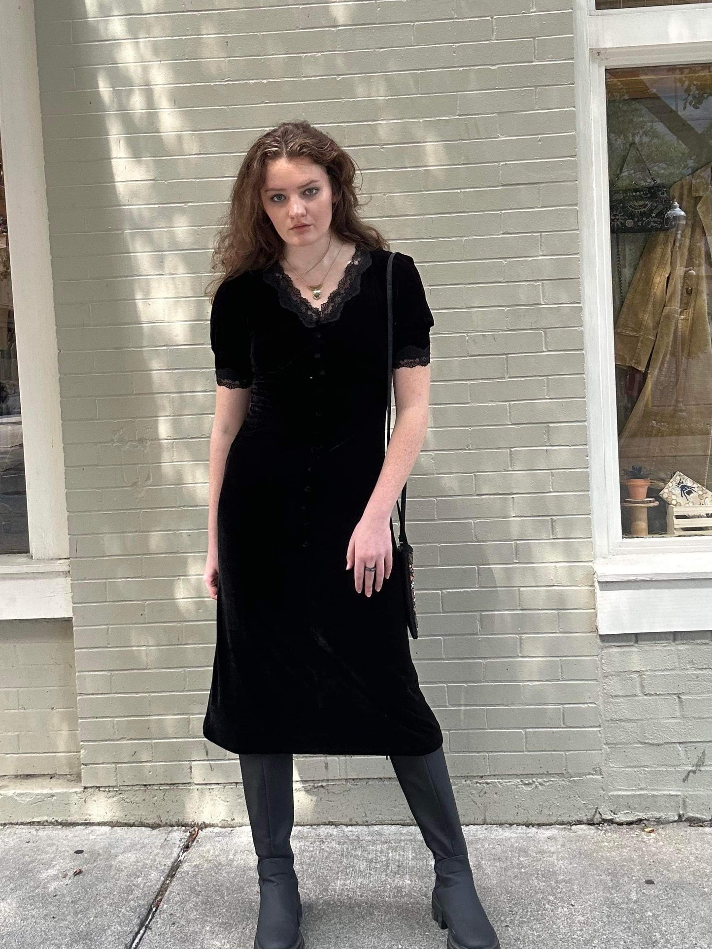 Stretch Velvet Empire Waist Dress - Black - La De Da