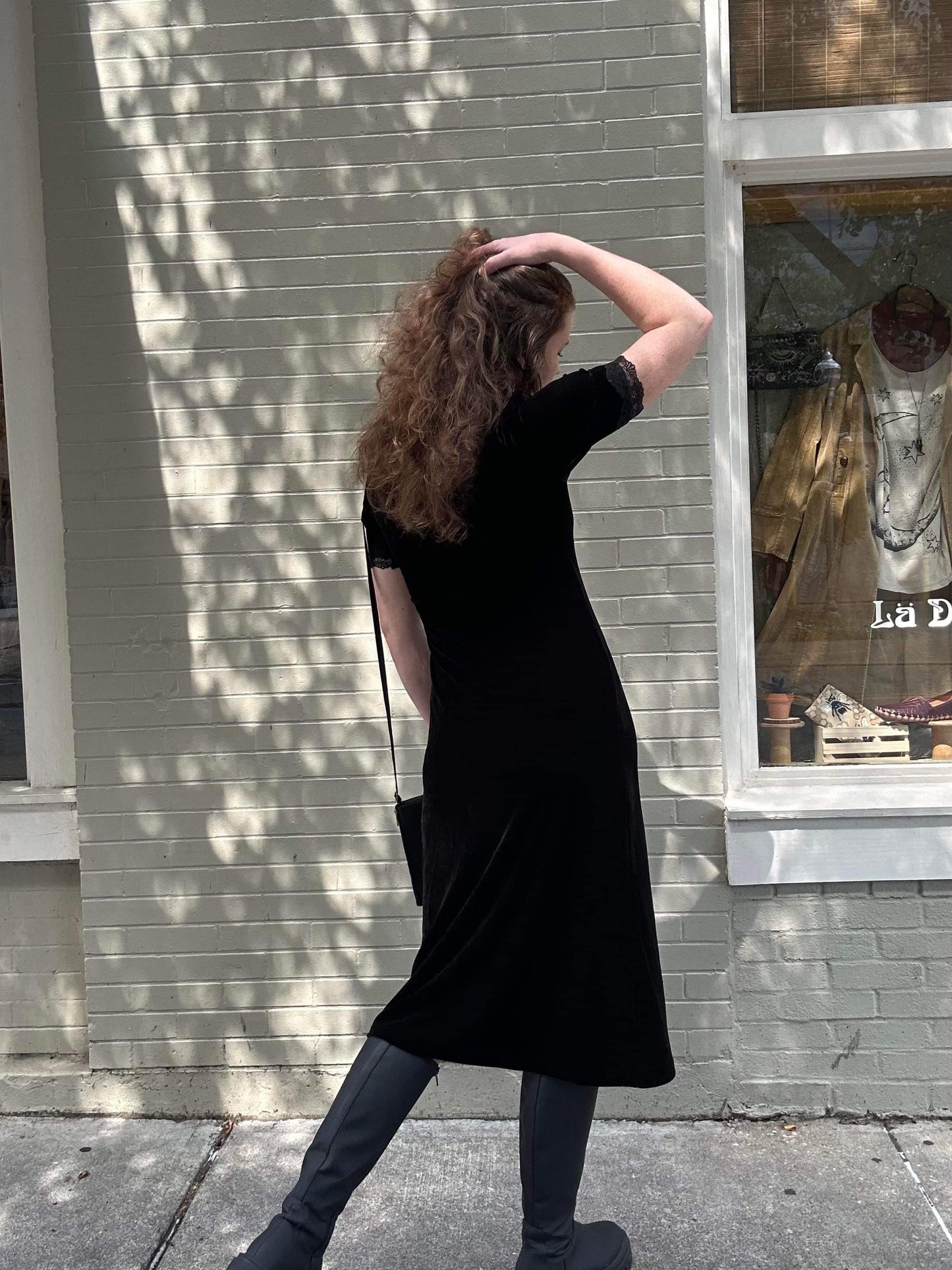 Stretch Velvet Empire Waist Dress - Black - La De Da