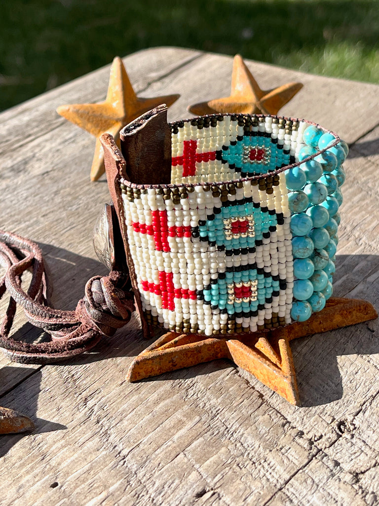 Turquoise and Leather Loom Cuff Bracelet, Prairie Drifter - La De Da