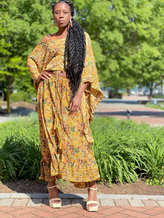 Hippie Boho Silk Cinch Skirt, Ruffle Floral Maxi Skirt - Gold Flower