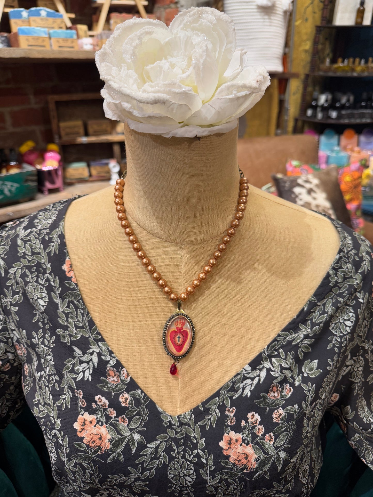 Sacred Heart With Peach Pearls Necklace*
