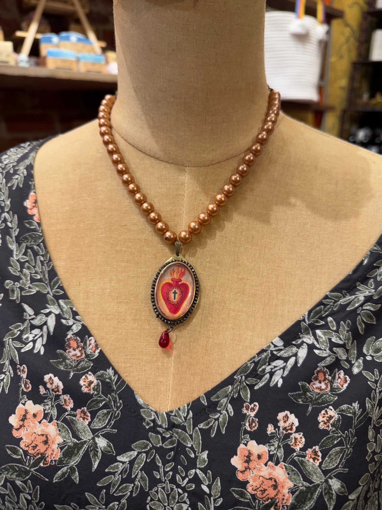 Sacred Heart With Peach Pearls Necklace*