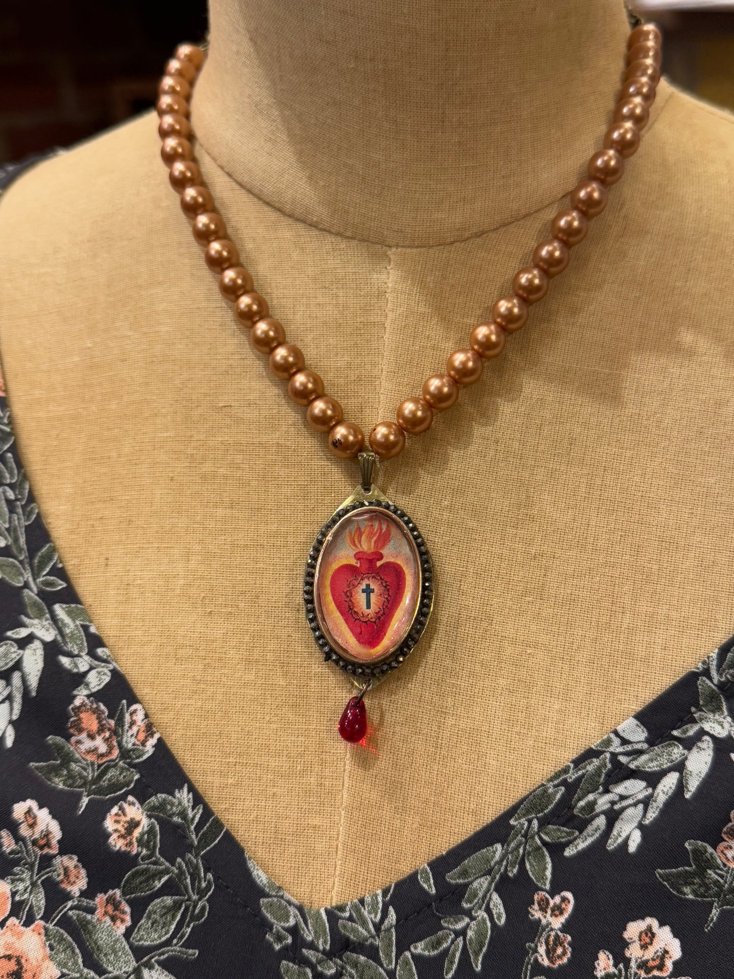 Sacred Heart With Peach Pearls Necklace*