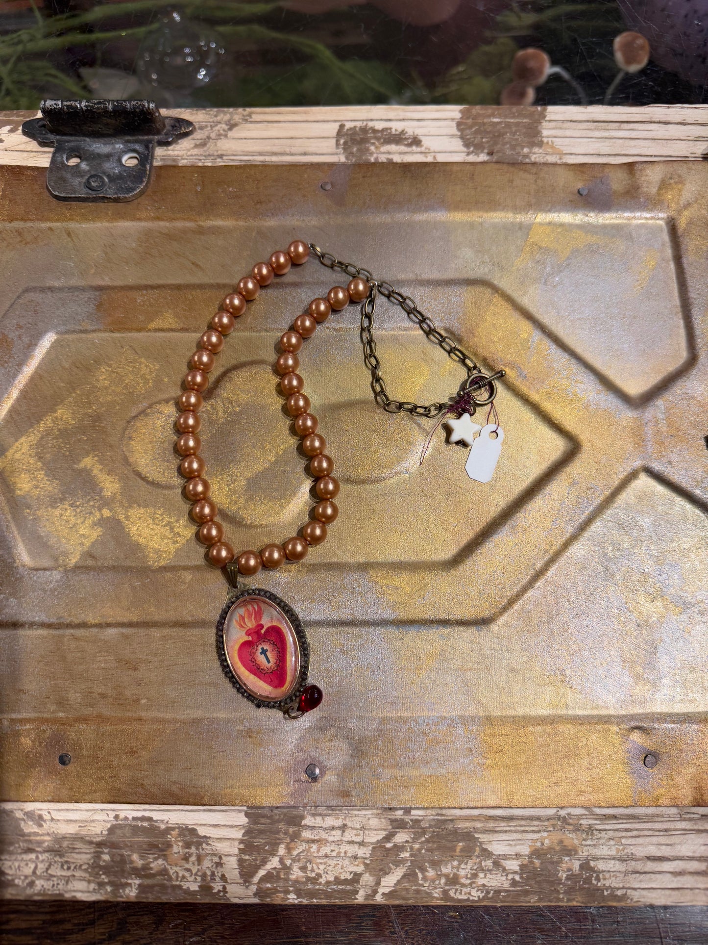 Sacred Heart With Peach Pearls Necklace*