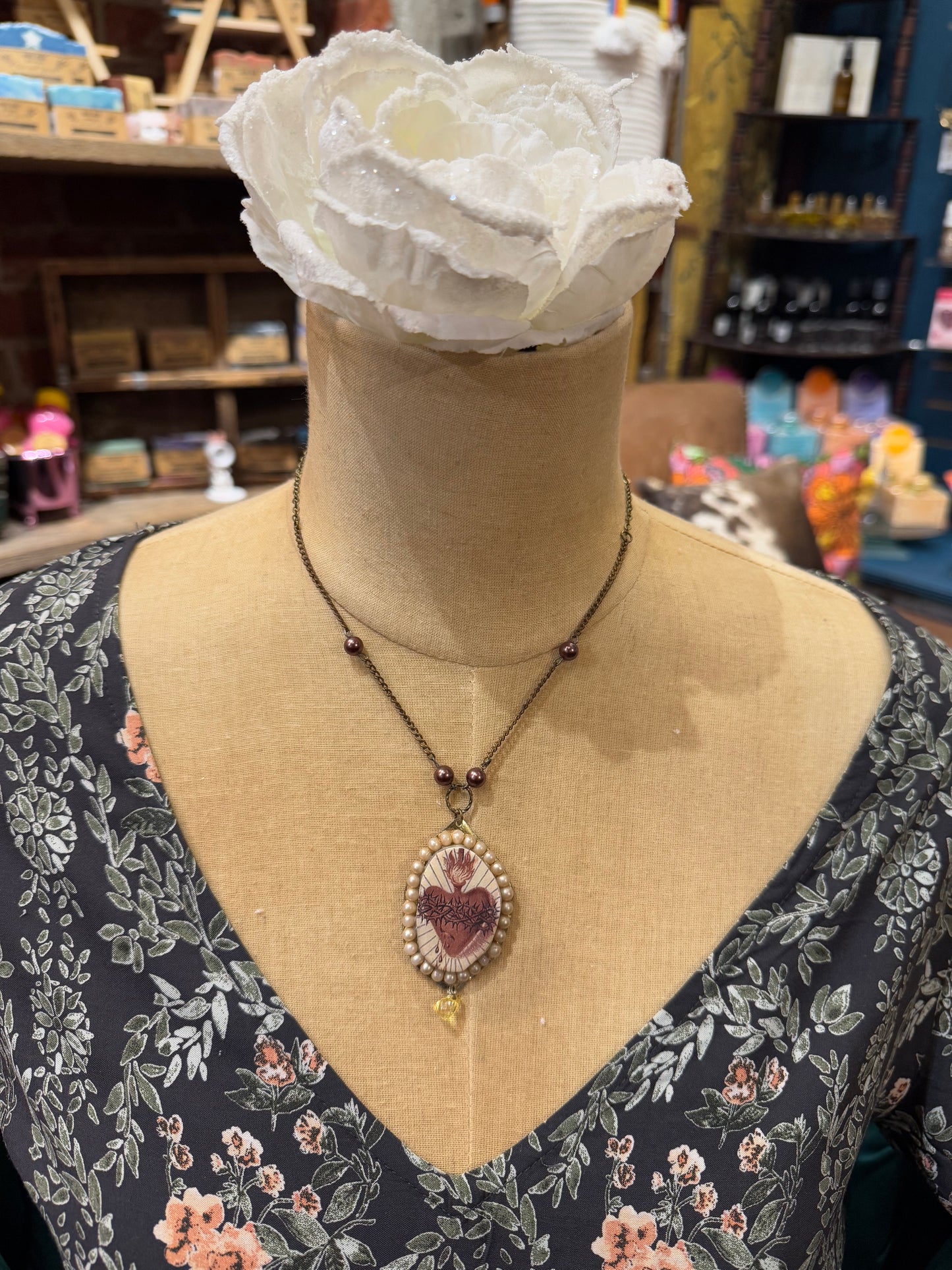 Deer Antler Slice/Sacred Heart Necklace*