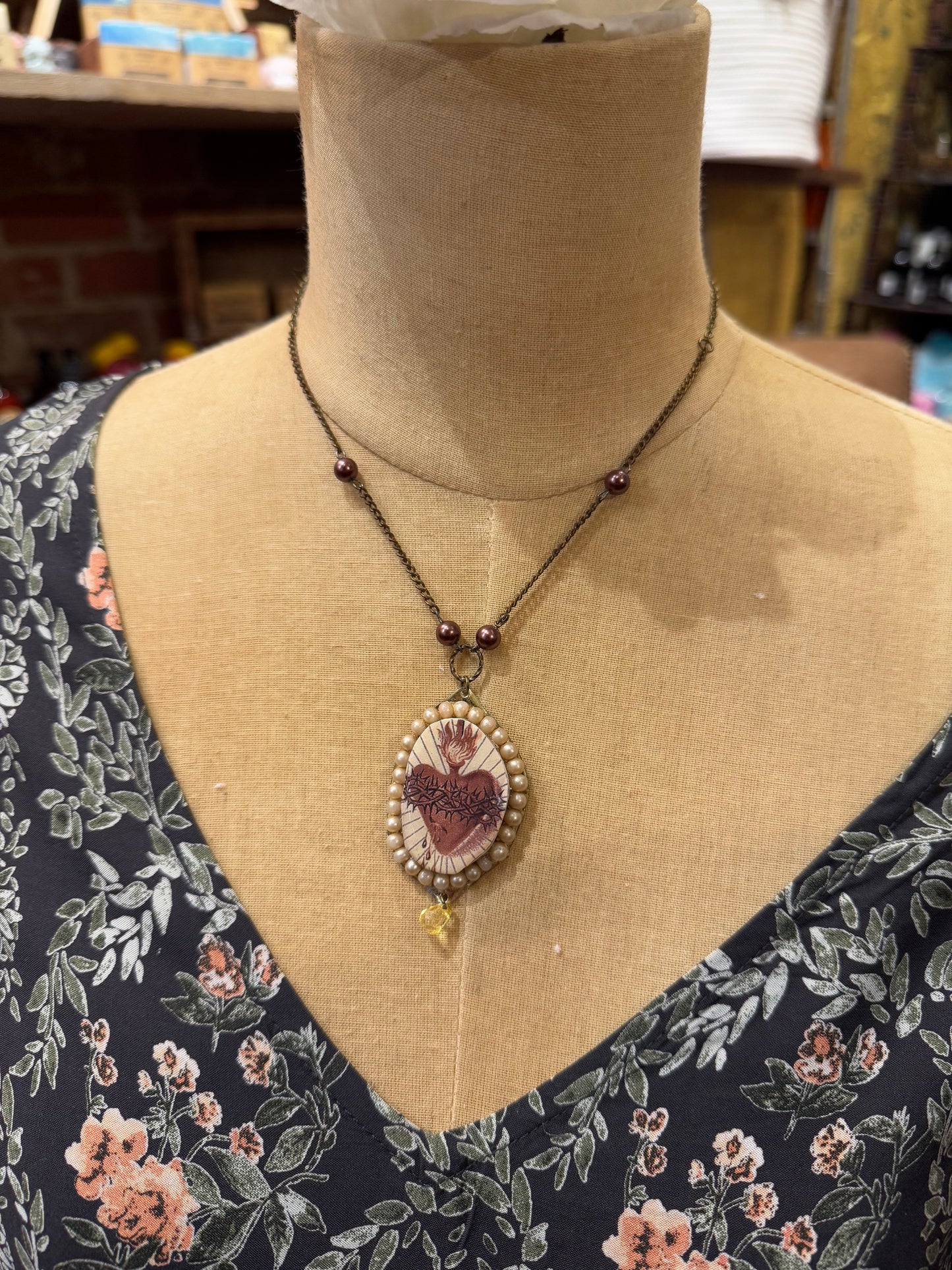 Deer Antler Slice/Sacred Heart Necklace*
