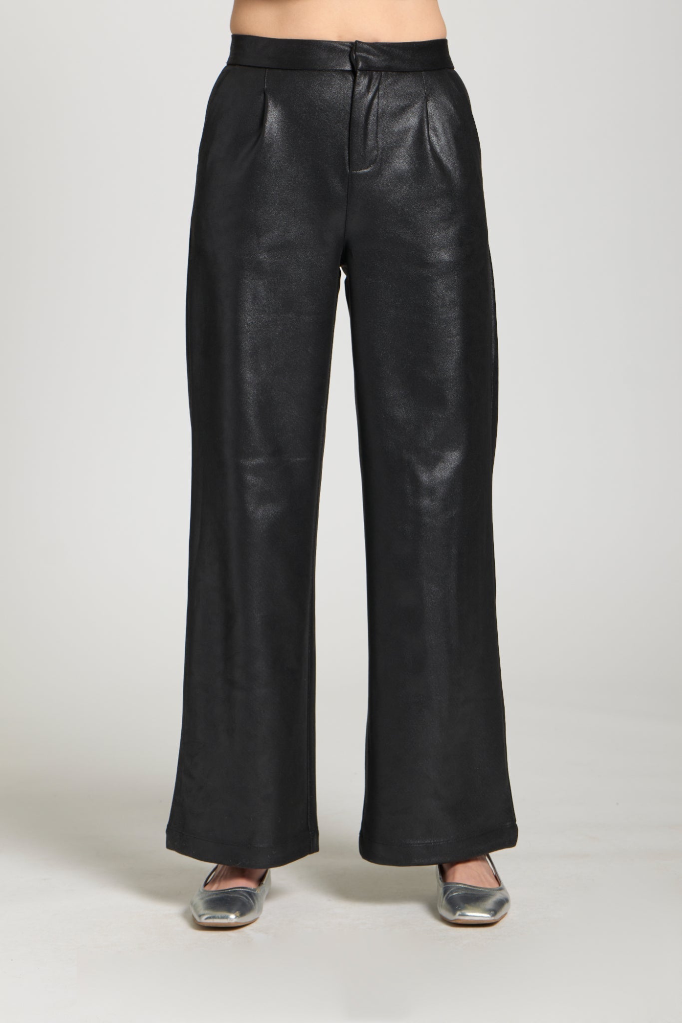 Vegan Leather Pleated Trousers - Black