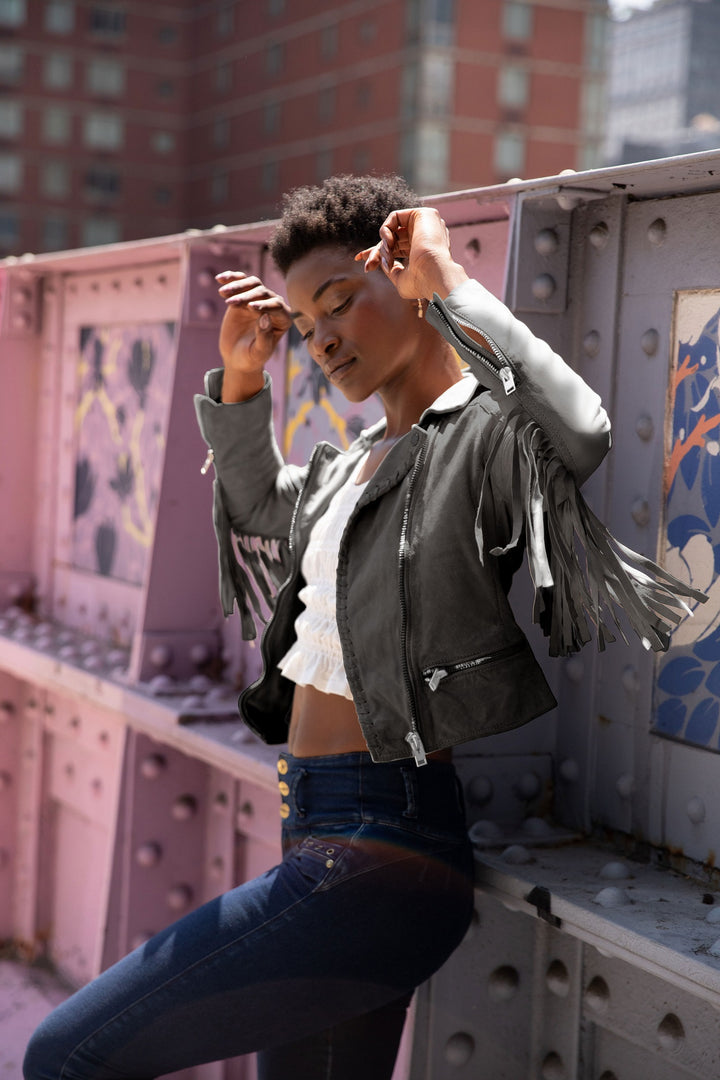 Zoey Fringe Leather Jacket - Dark Grey