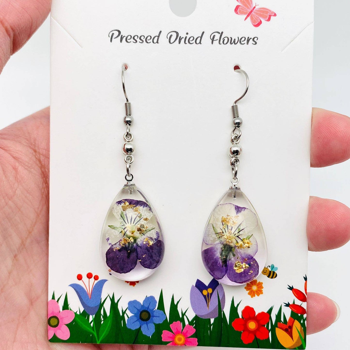 Wild Pansy Dried Flower Teardrop Dangle Earrings