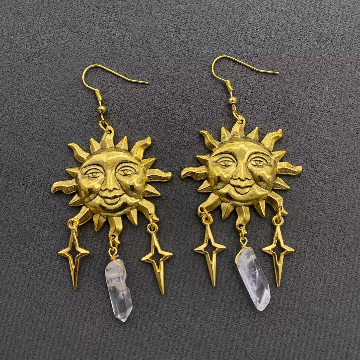 White Crystal Gold Plated Sun Charm Dangle Earrings