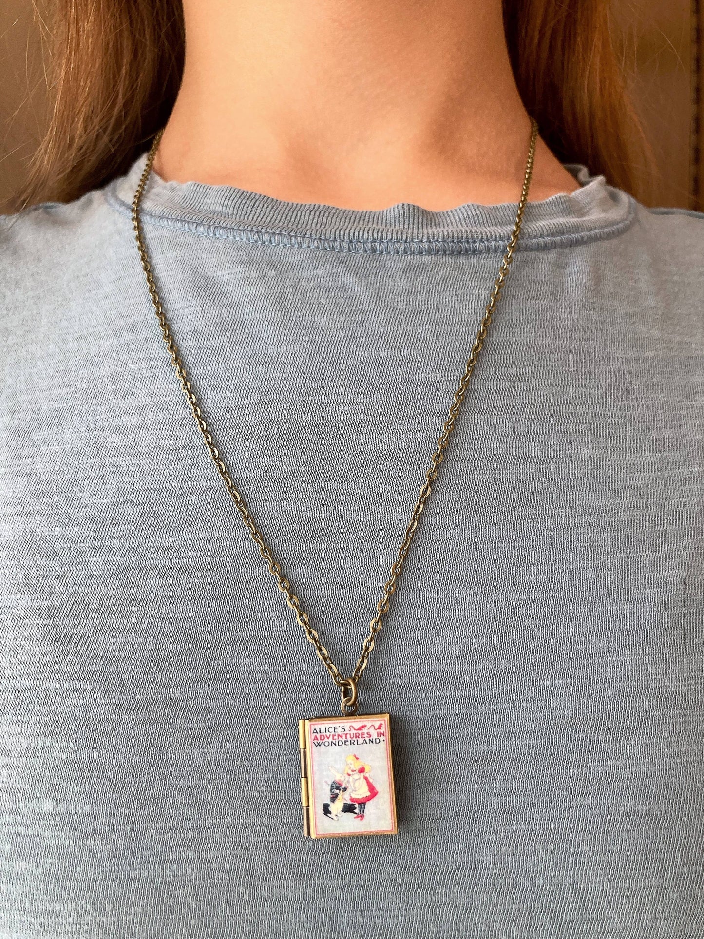 Book Locket Alice In Wonderland - Blue with Rabbit - Bronze