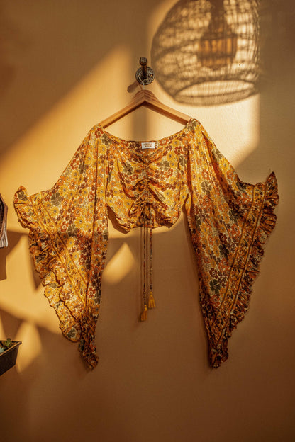 Hippie Flare Bell Sleeve Cinch Top - GOLD FLOWER