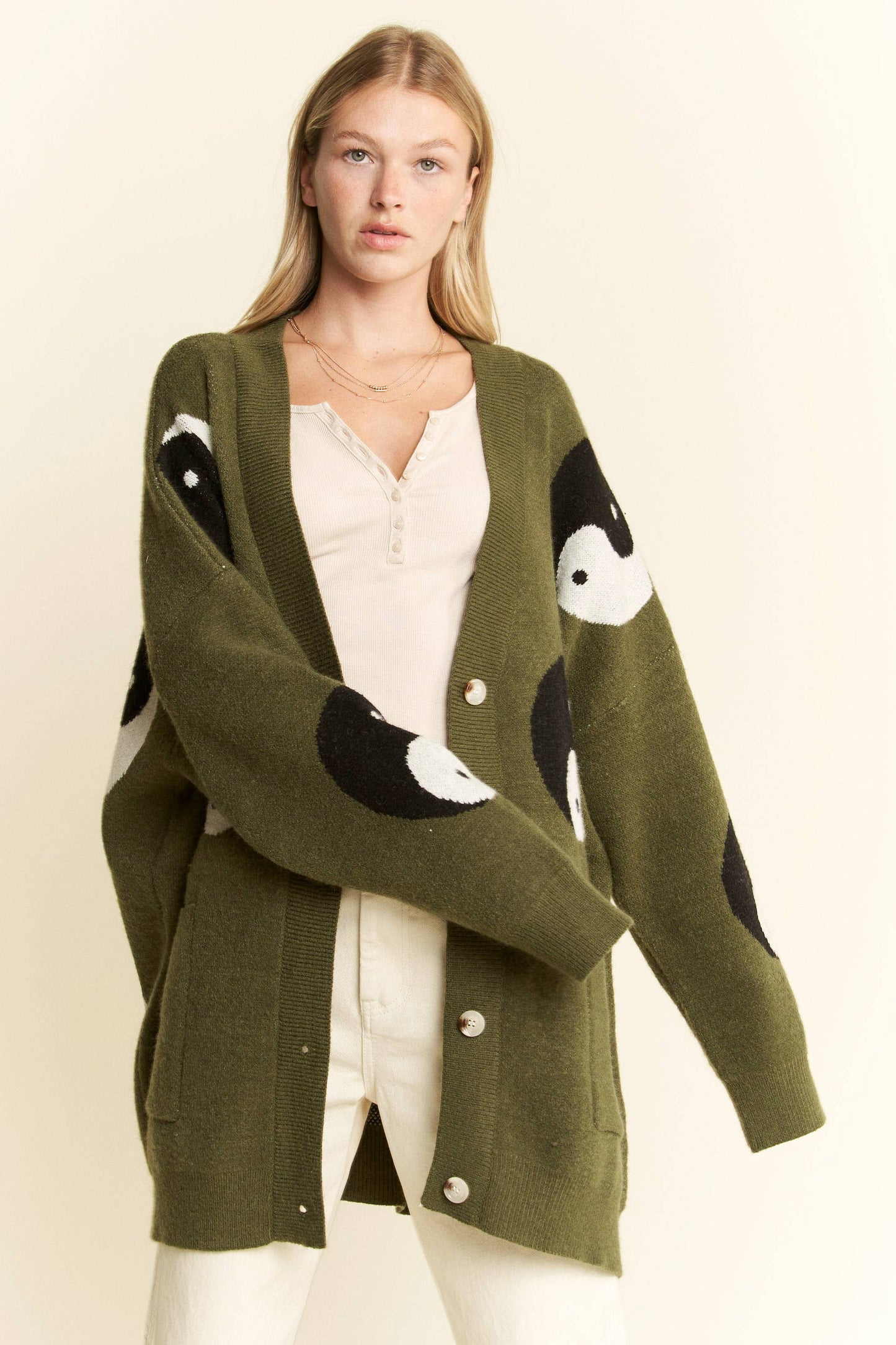 Oversized Yin Yang Cardigan - Olive