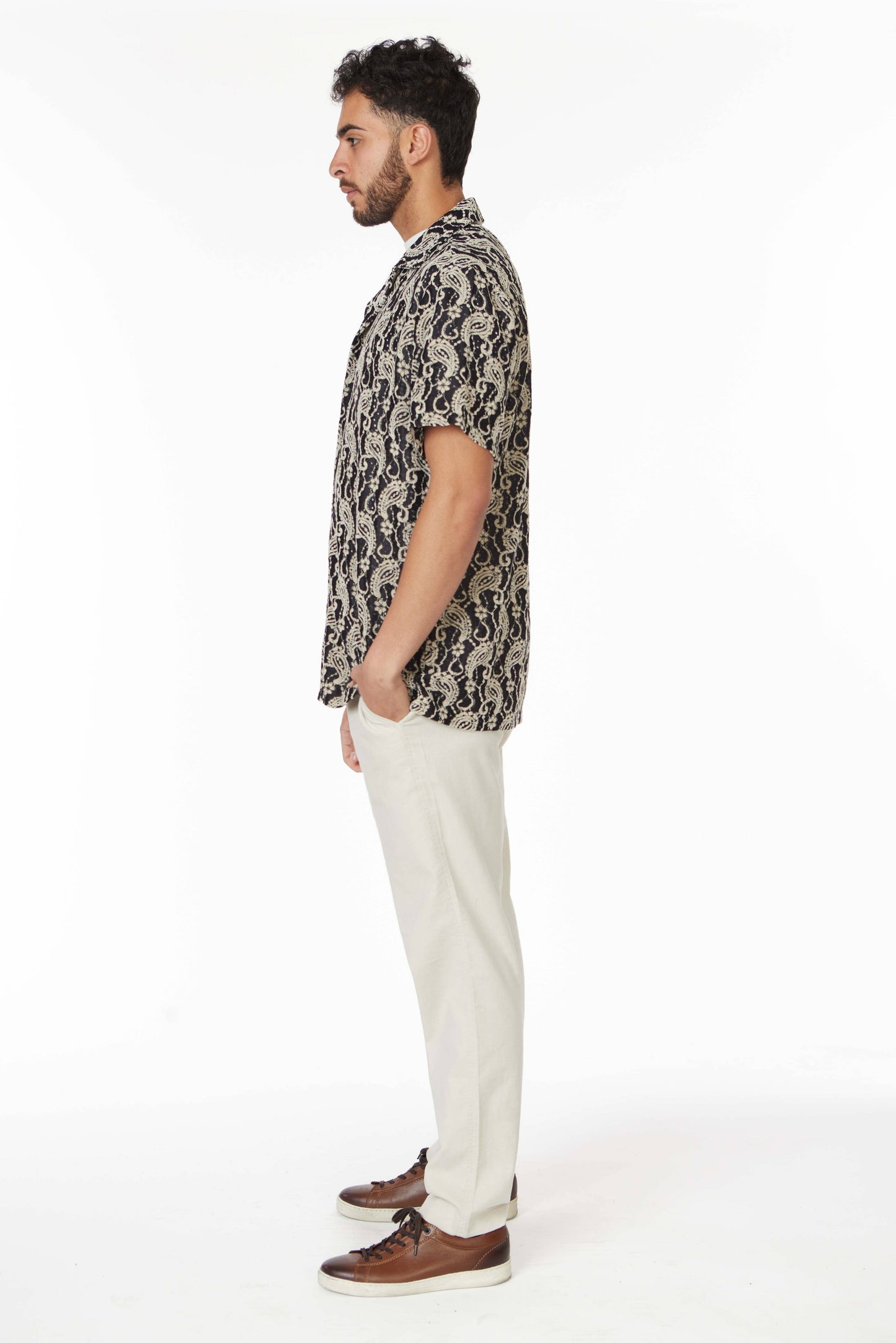 Crochet/Textured Short Sleeve Men's Shirt - Black/Beige