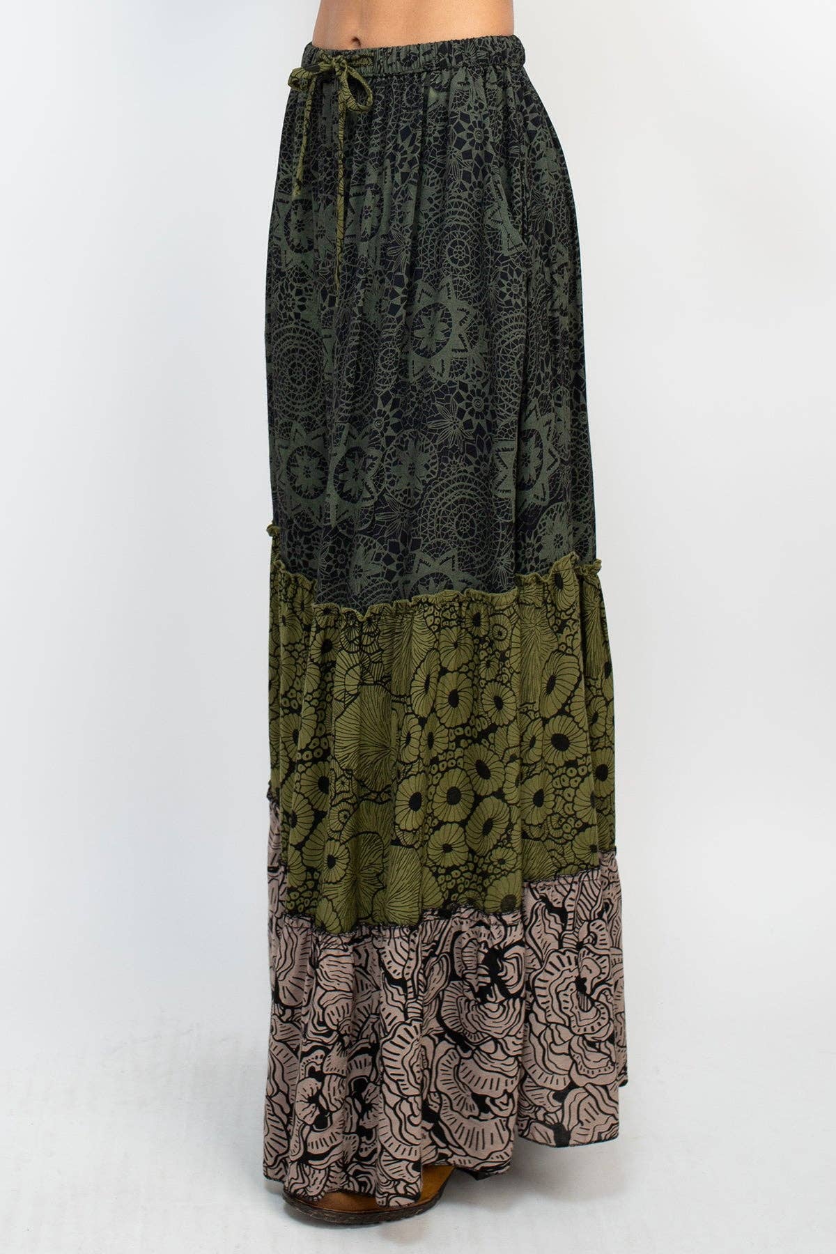 Tiered Lace Print Maxi Skirt - Sage