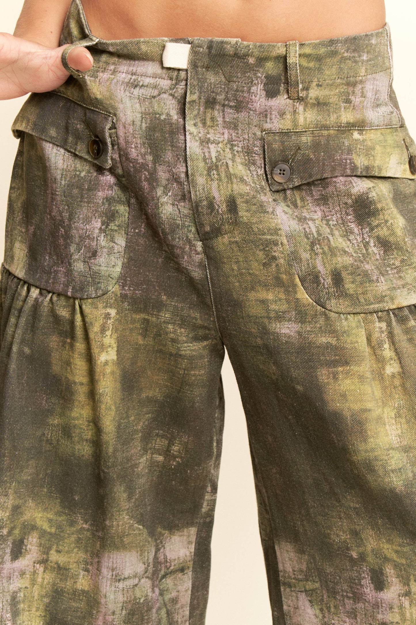 Curve Tie-Dye Printed Mid-High Waist Pants - Dark Olive