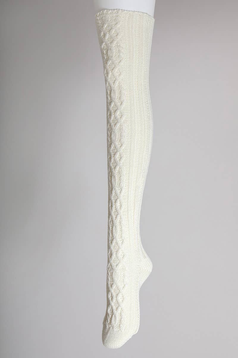 Bold & Cozy Thigh-High Cable Knit Socks - Ivory