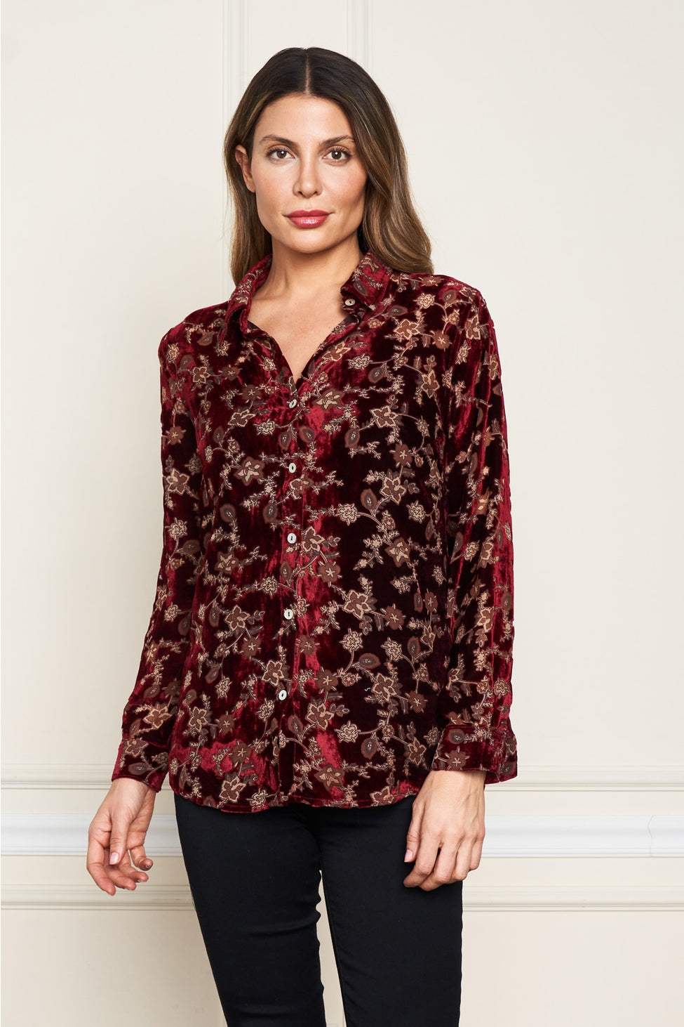 Velvet Burnout Button Front Shirt - Burgundy