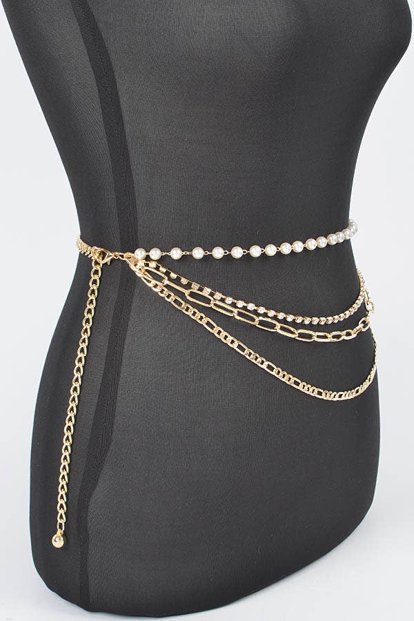 Multi Layered Chain Belt with Pearl Waist - Gold
